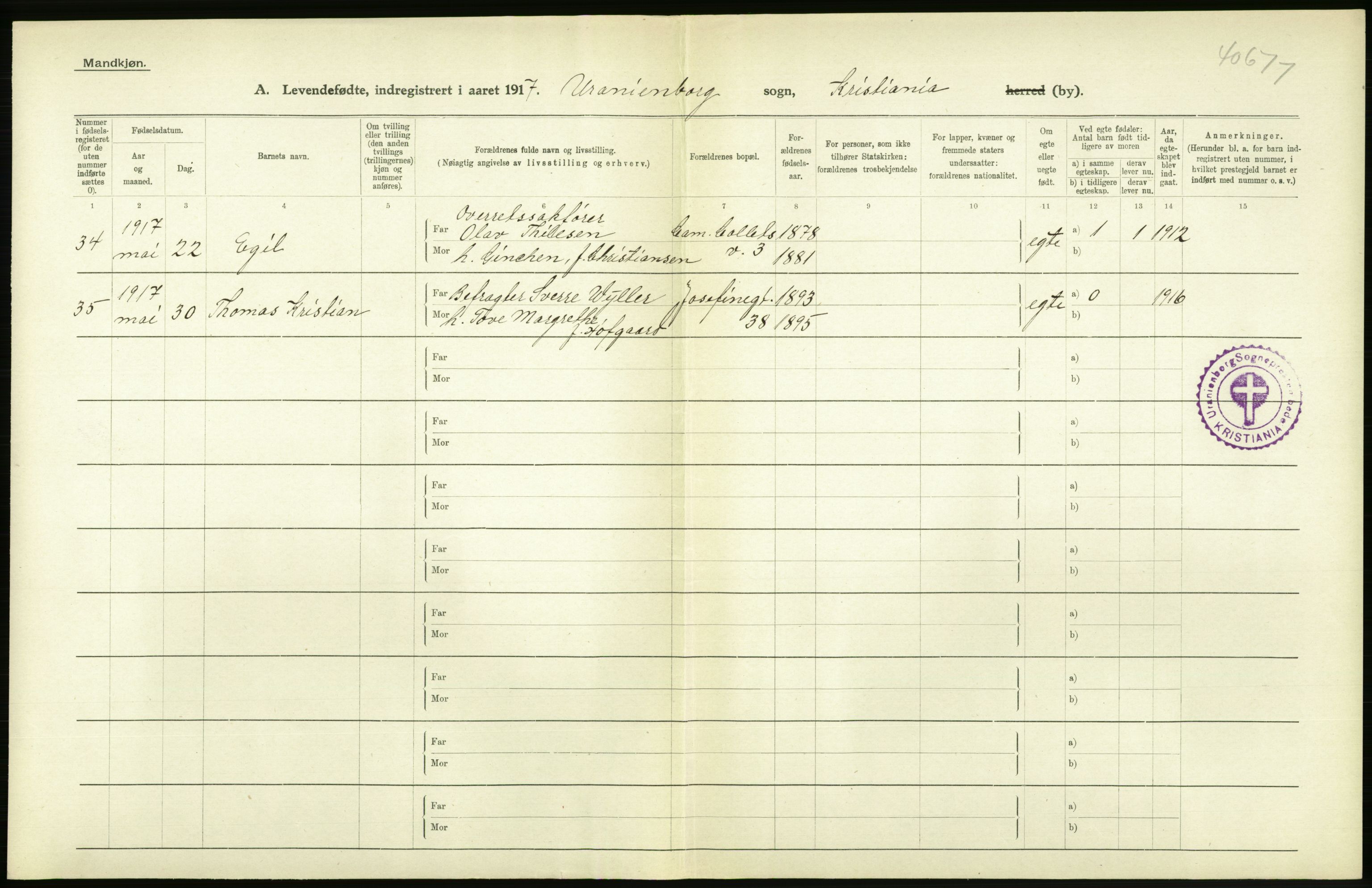 Statistisk sentralbyrå, Sosiodemografiske emner, Befolkning, AV/RA-S-2228/D/Df/Dfb/Dfbg/L0007: Kristiania: Levendefødte menn og kvinner., 1917, s. 292