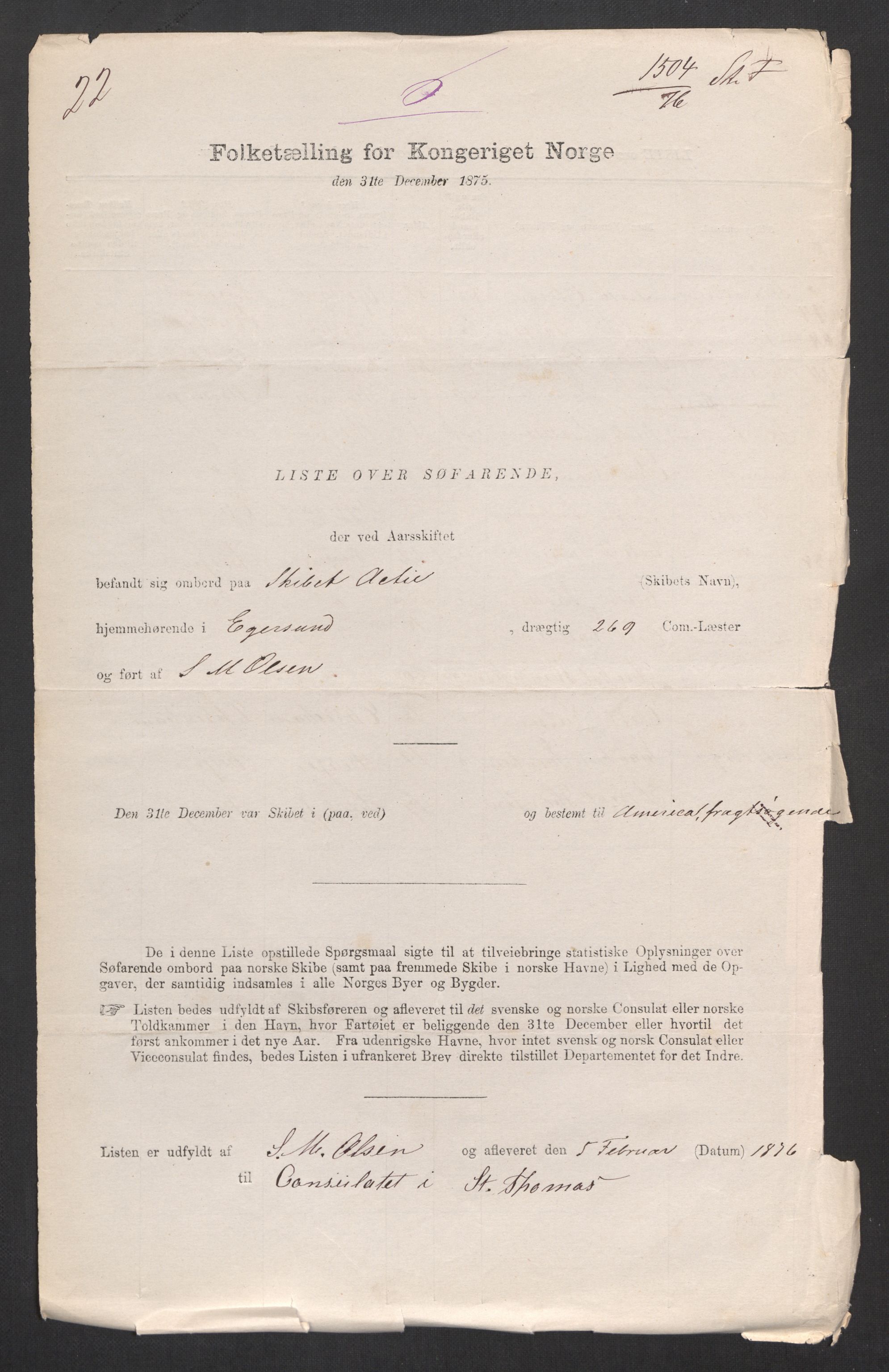 RA, Folketelling 1875, skipslister: Skip i utenrikske havner, hjemmehørende i 1) byer og ladesteder, Grimstad - Tromsø, 2) landdistrikter, 1875, s. 408