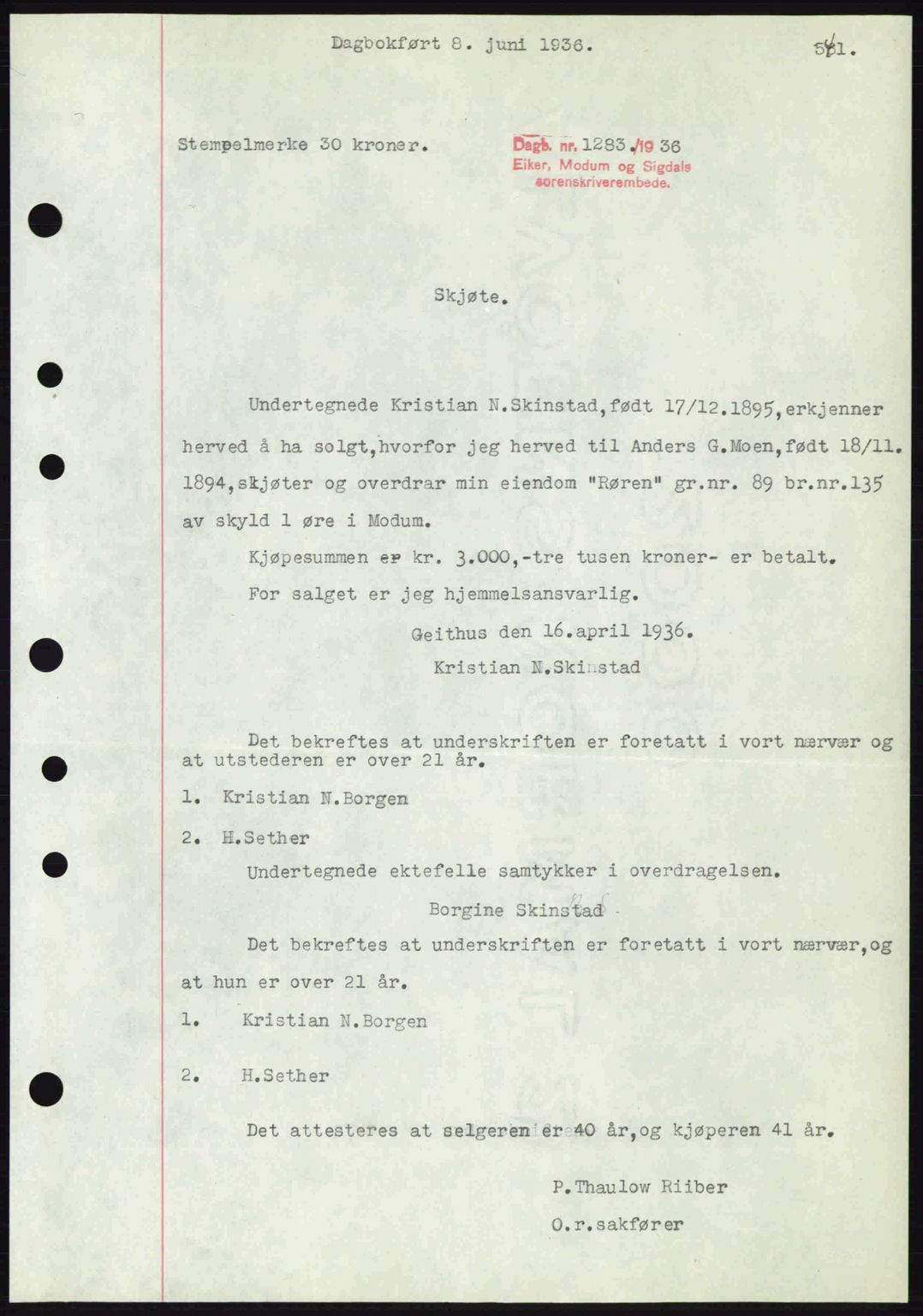 Eiker, Modum og Sigdal sorenskriveri, SAKO/A-123/G/Ga/Gab/L0032: Pantebok nr. A2, 1936-1936, Dagboknr: 1283/1936