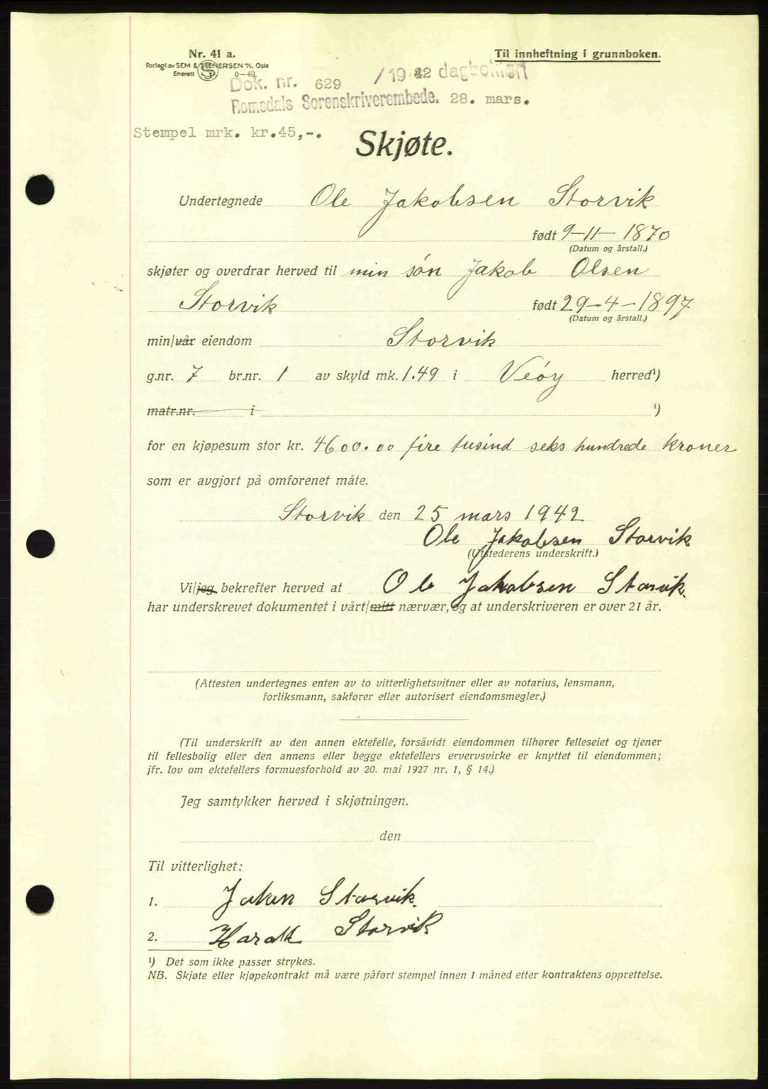 Romsdal sorenskriveri, SAT/A-4149/1/2/2C: Pantebok nr. A12, 1942-1942, Dagboknr: 629/1942