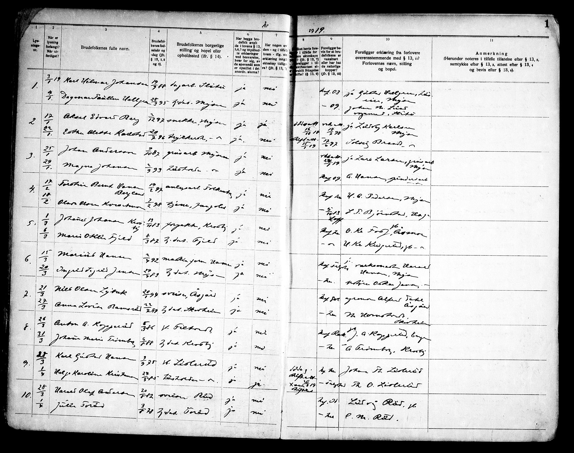 Eidsberg prestekontor Kirkebøker, AV/SAO-A-10905/H/Ha/L0001: Lysningsprotokoll nr. I 1, 1919-1946, s. 1
