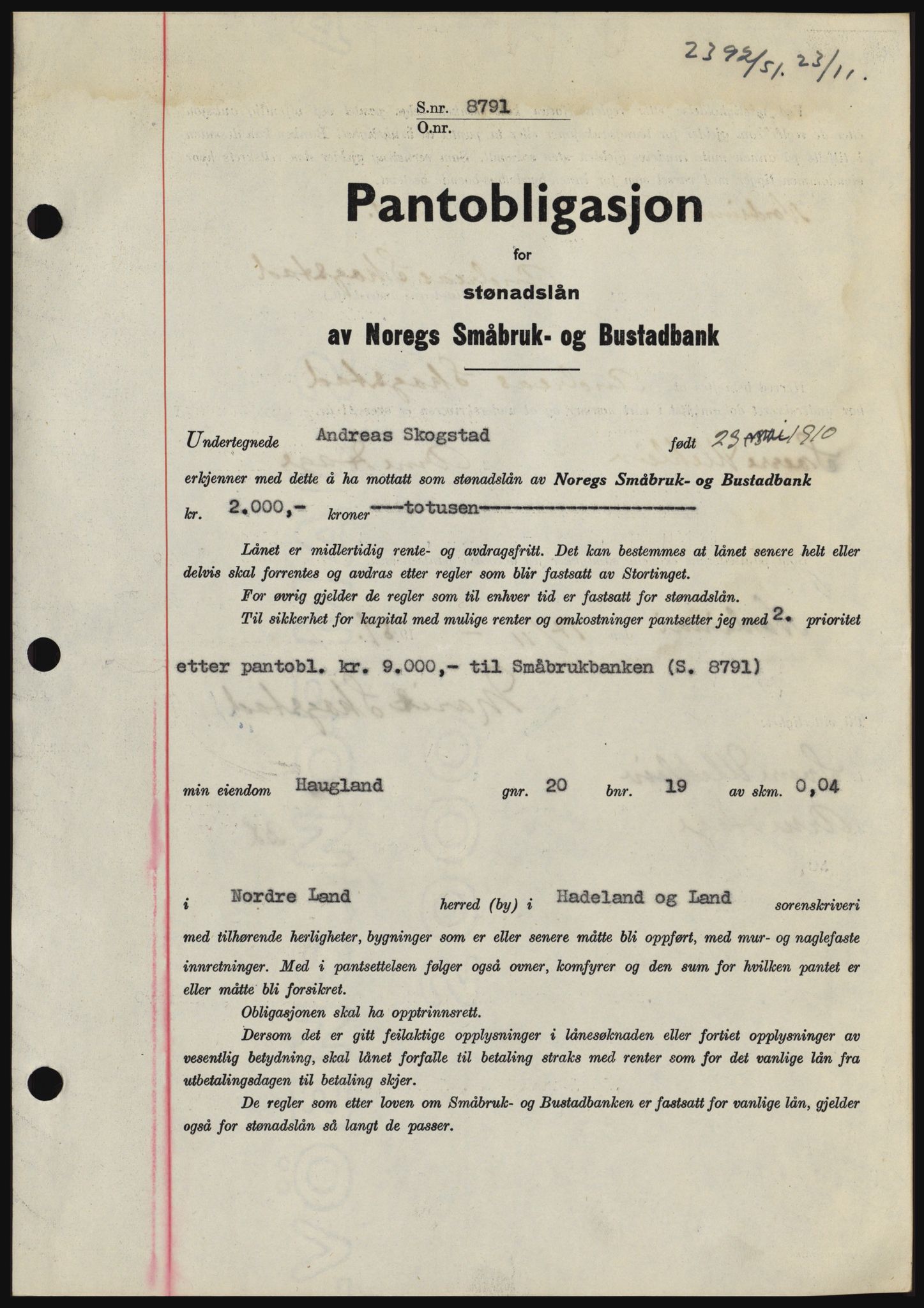 Hadeland og Land tingrett, SAH/TING-010/H/Hb/Hbc/L0022: Pantebok nr. B22, 1951-1951, Dagboknr: 3592/1951