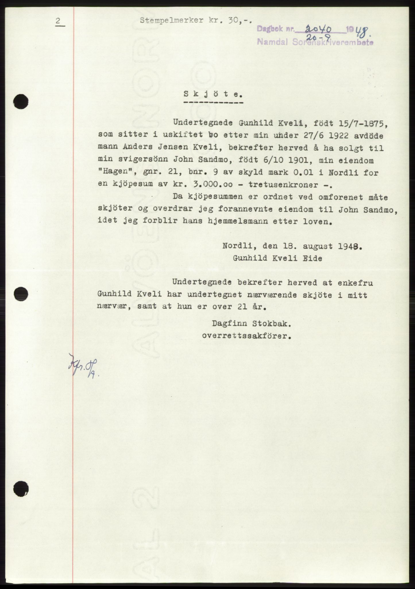 Namdal sorenskriveri, SAT/A-4133/1/2/2C: Pantebok nr. -, 1948-1948, Dagboknr: 2040/1948