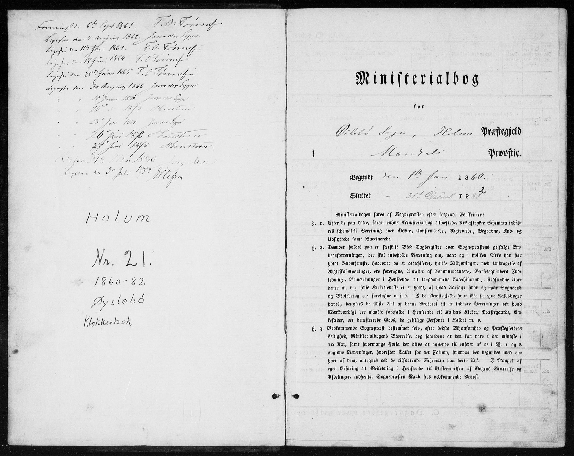 Holum sokneprestkontor, SAK/1111-0022/F/Fb/Fbc/L0002: Klokkerbok nr. B 2, 1860-1882