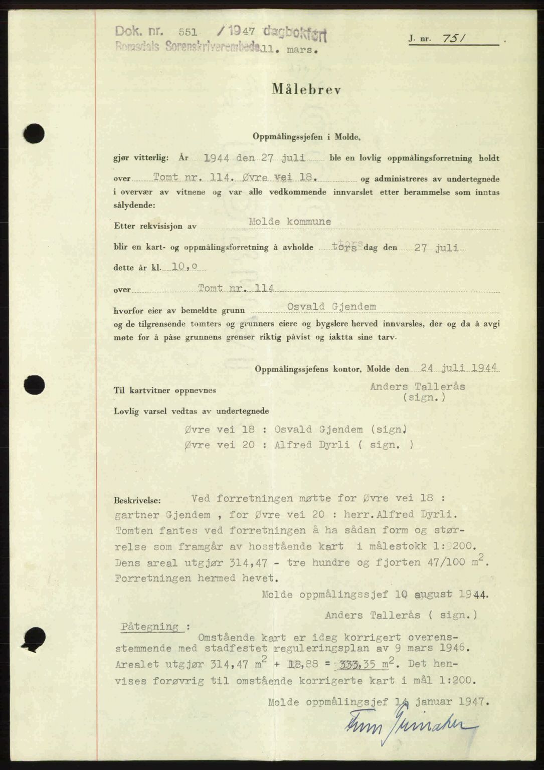 Romsdal sorenskriveri, AV/SAT-A-4149/1/2/2C: Pantebok nr. A22, 1947-1947, Dagboknr: 551/1947