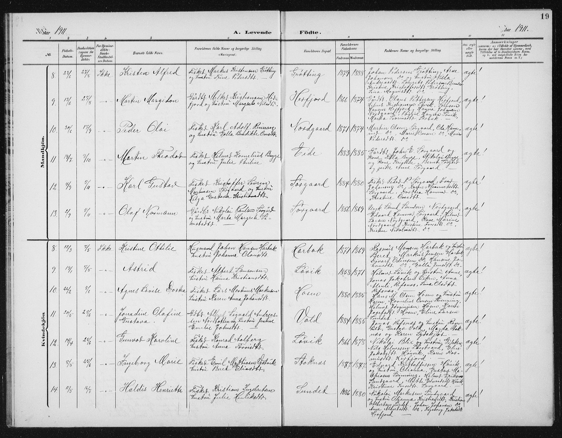 Ministerialprotokoller, klokkerbøker og fødselsregistre - Sør-Trøndelag, AV/SAT-A-1456/656/L0699: Klokkerbok nr. 656C05, 1905-1920, s. 19