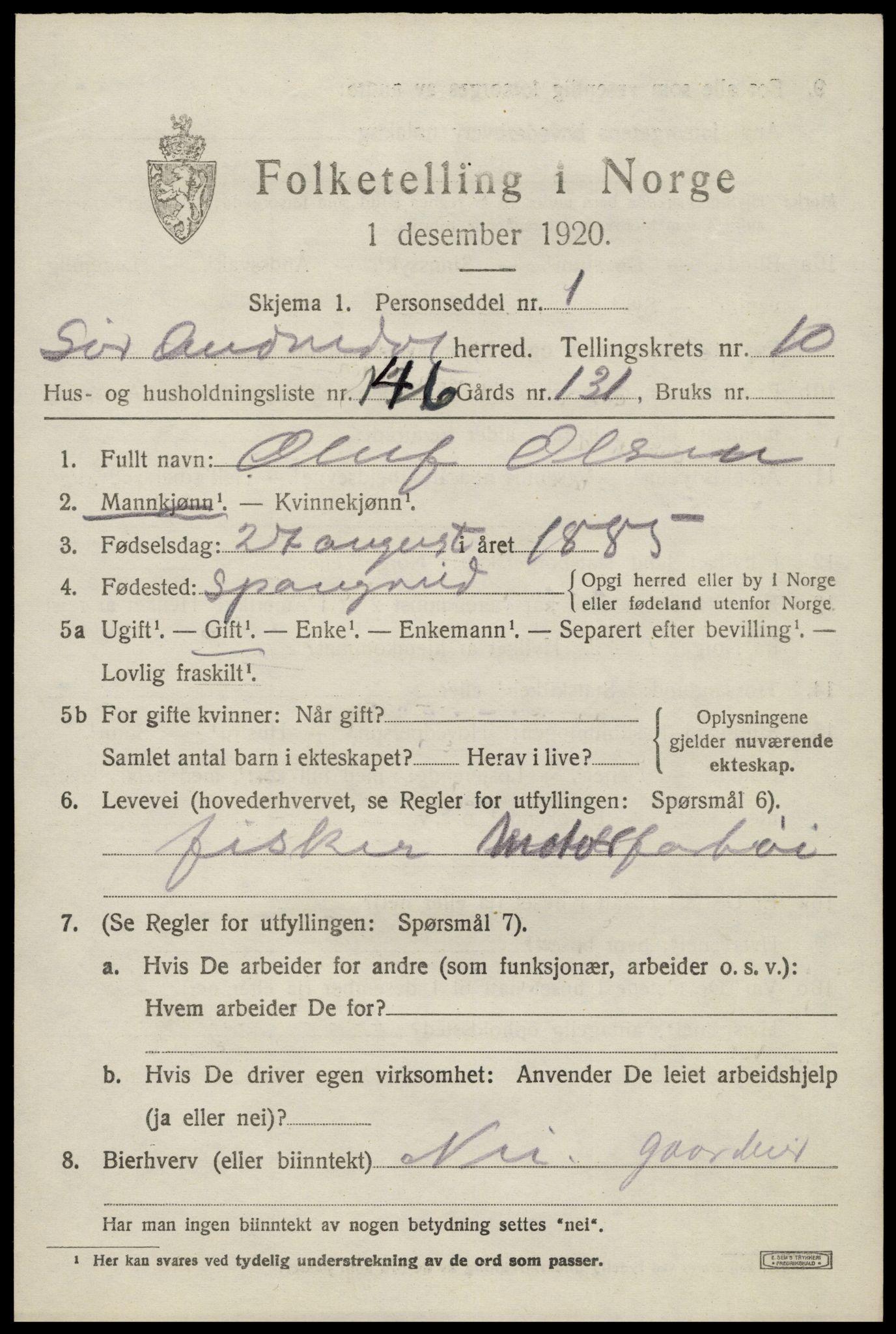 SAK, Folketelling 1920 for 1029 Sør-Audnedal herred, 1920, s. 4225