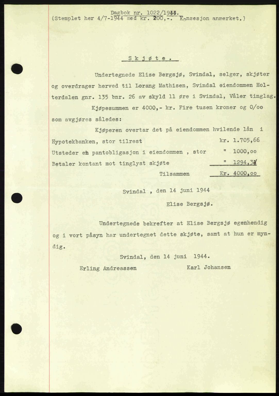 Moss sorenskriveri, SAO/A-10168: Pantebok nr. A12, 1943-1944, Dagboknr: 1022/1944