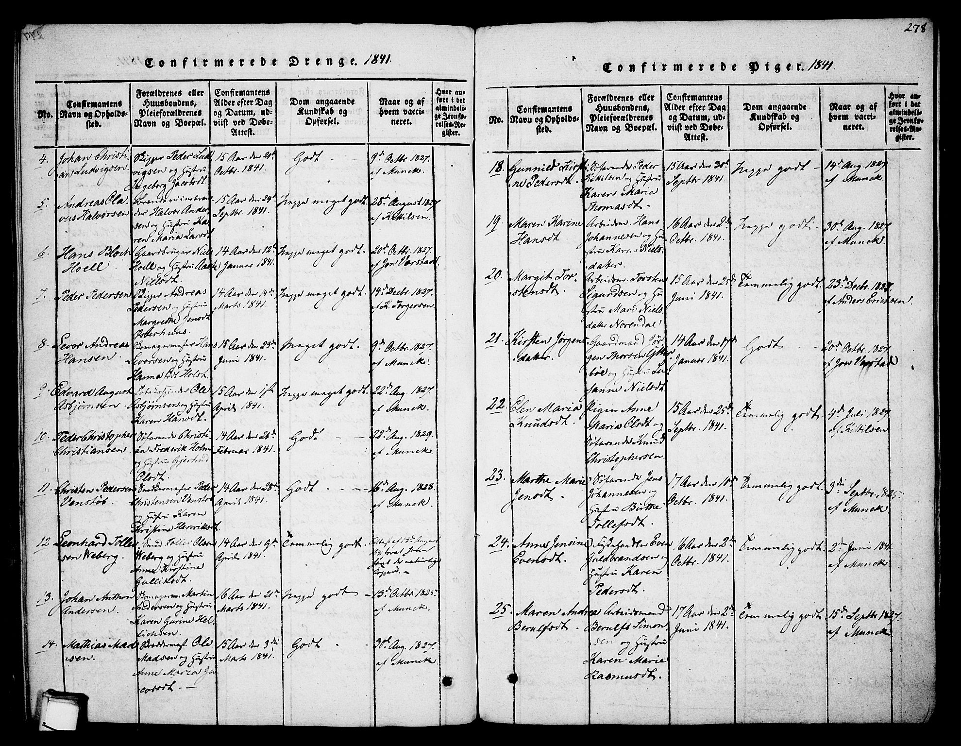 Skien kirkebøker, AV/SAKO-A-302/F/Fa/L0005: Ministerialbok nr. 5, 1814-1843, s. 278