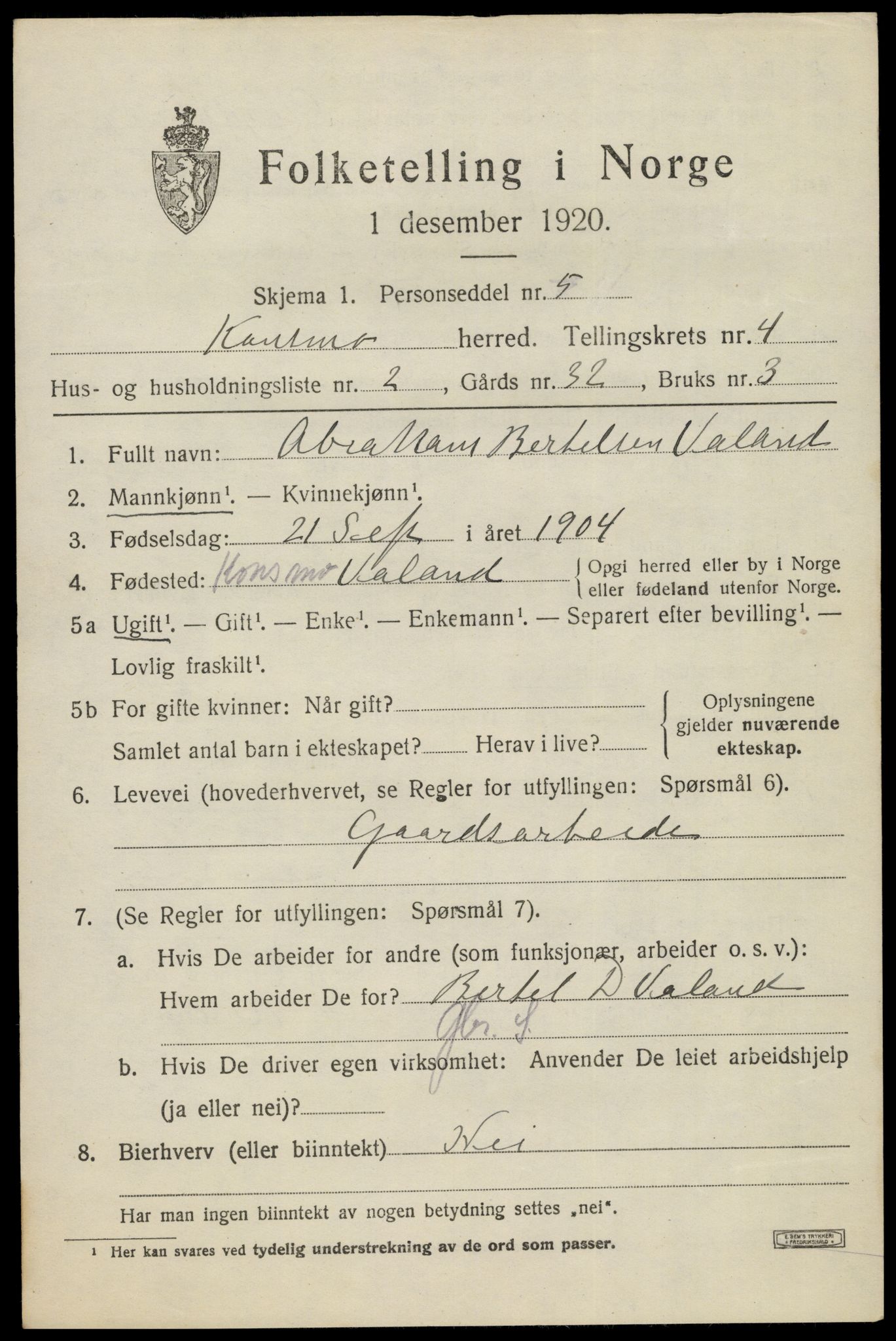 SAK, Folketelling 1920 for 1027 Konsmo herred, 1920, s. 1214