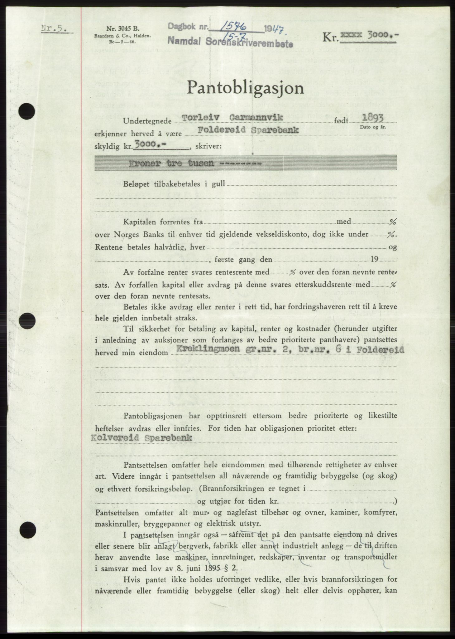 Namdal sorenskriveri, SAT/A-4133/1/2/2C: Pantebok nr. -, 1947-1947, Dagboknr: 1576/1947