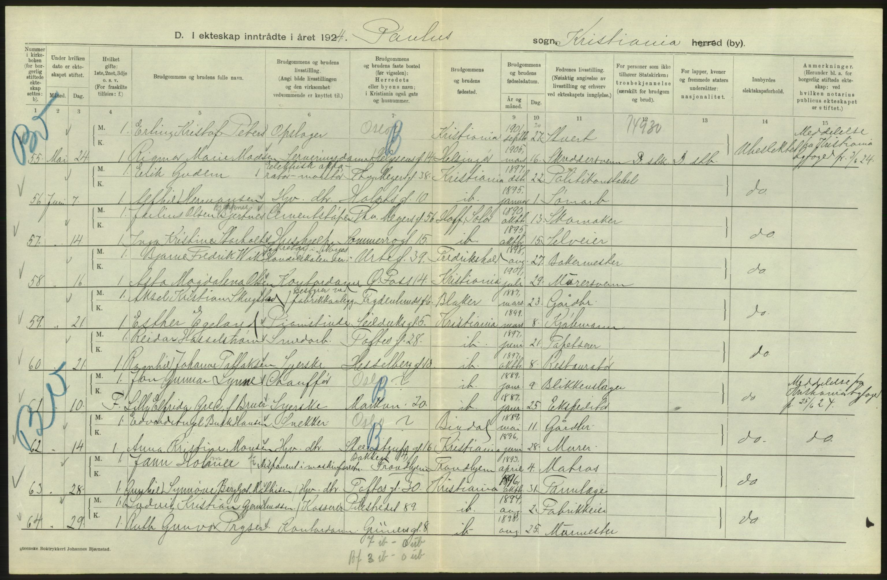 Statistisk sentralbyrå, Sosiodemografiske emner, Befolkning, AV/RA-S-2228/D/Df/Dfc/Dfcd/L0007: Kristiania: Gifte, 1924, s. 374