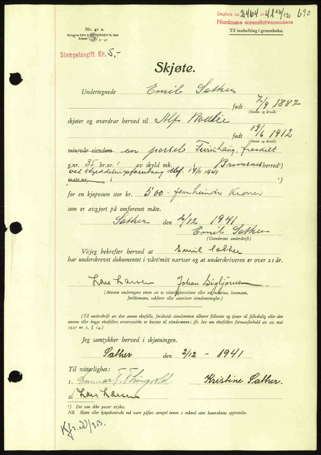 Nordmøre sorenskriveri, AV/SAT-A-4132/1/2/2Ca: Pantebok nr. A91, 1941-1942, Dagboknr: 2464/1941