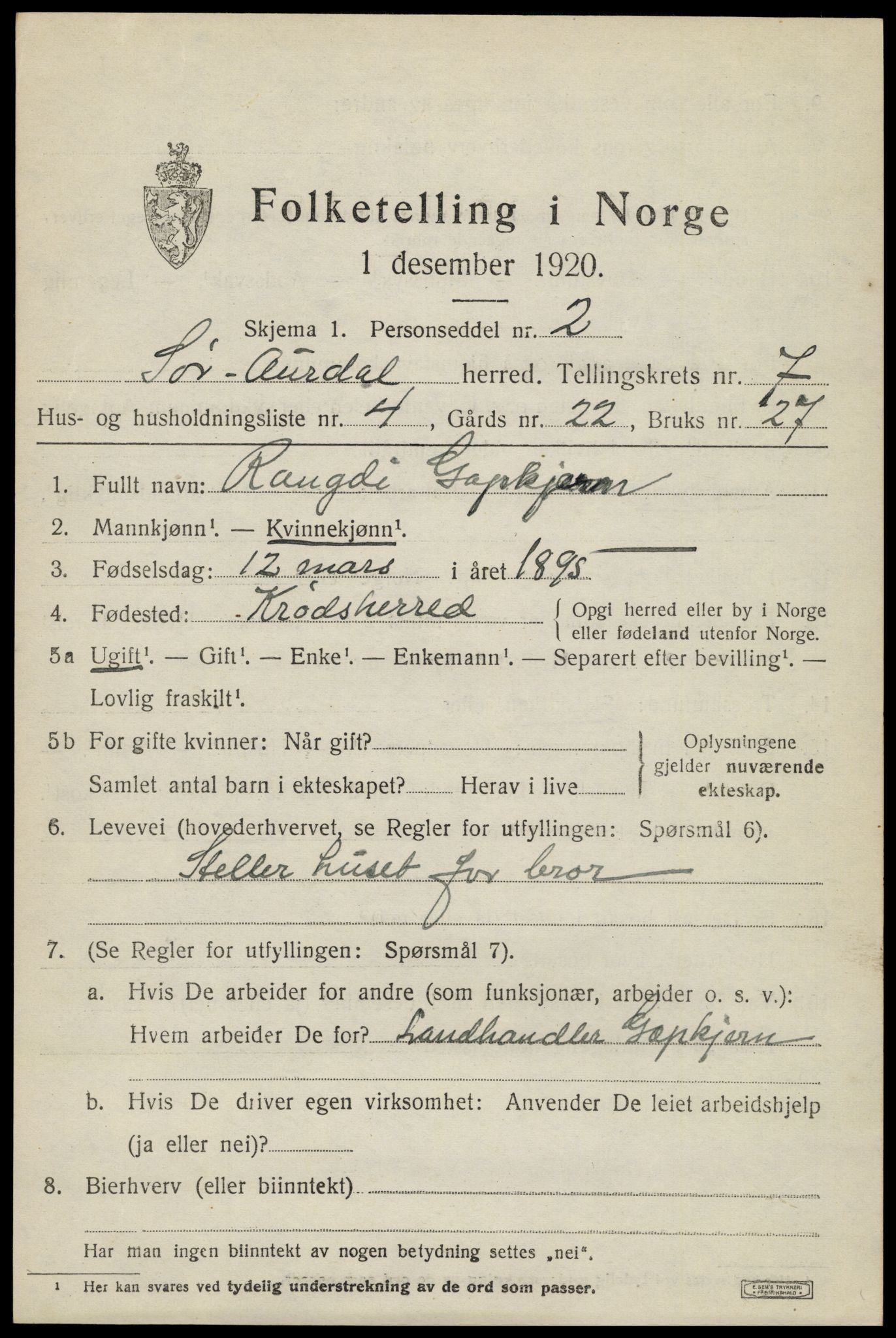 SAH, Folketelling 1920 for 0540 Sør-Aurdal herred, 1920, s. 3613