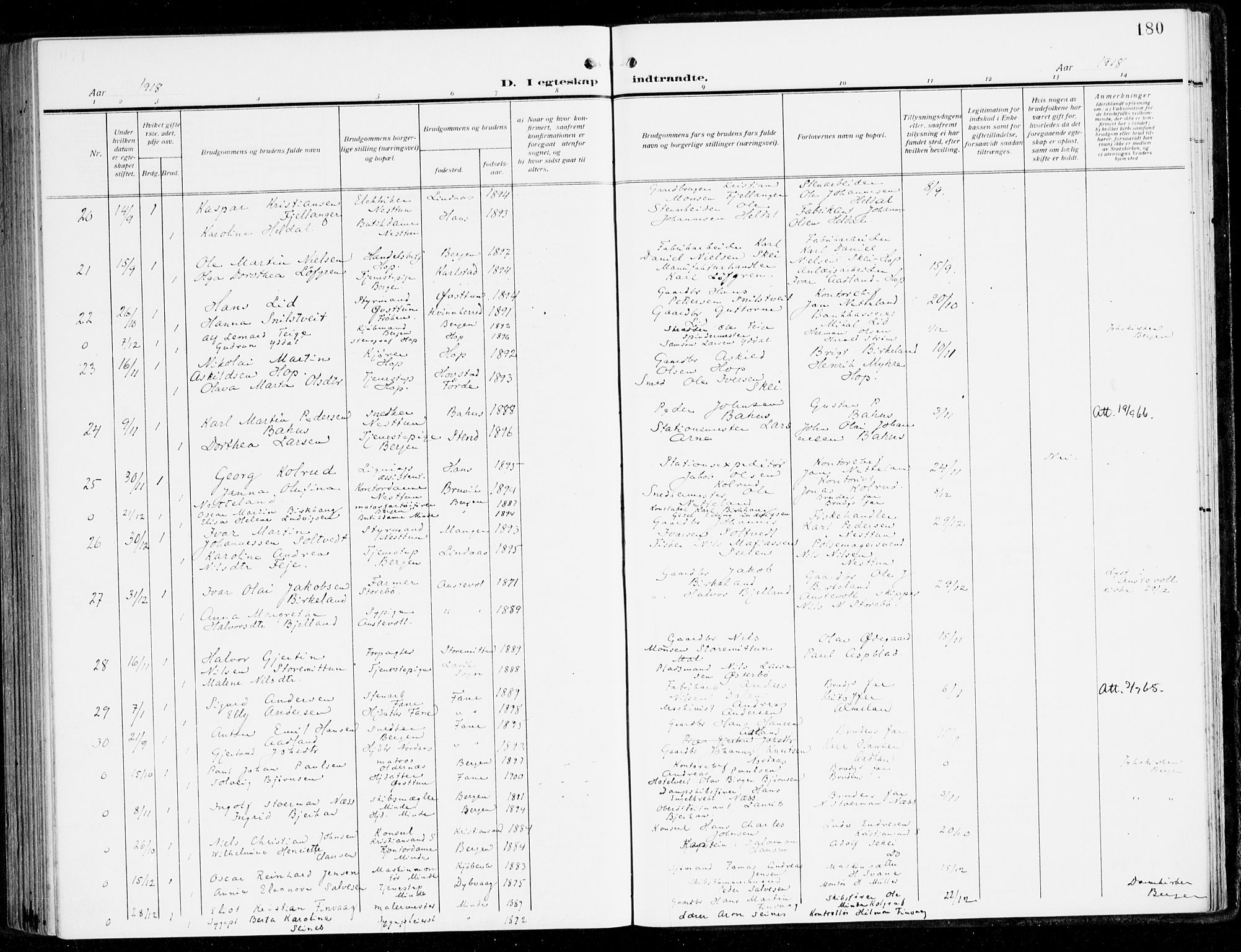 Fana Sokneprestembete, AV/SAB-A-75101/H/Haa/Haai/L0004: Ministerialbok nr. I 4, 1912-1933, s. 180