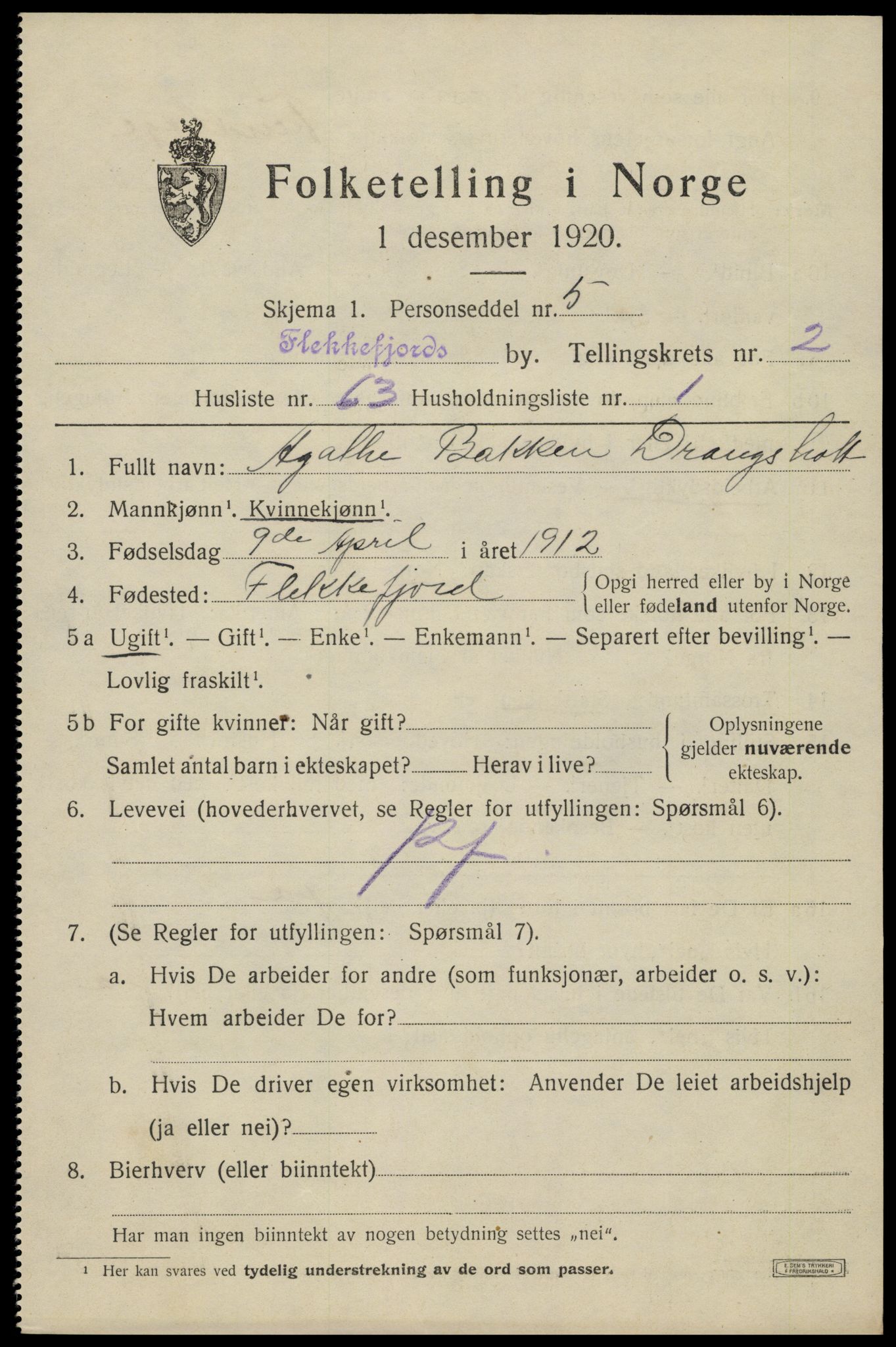 SAK, Folketelling 1920 for 1004 Flekkefjord kjøpstad, 1920, s. 3246