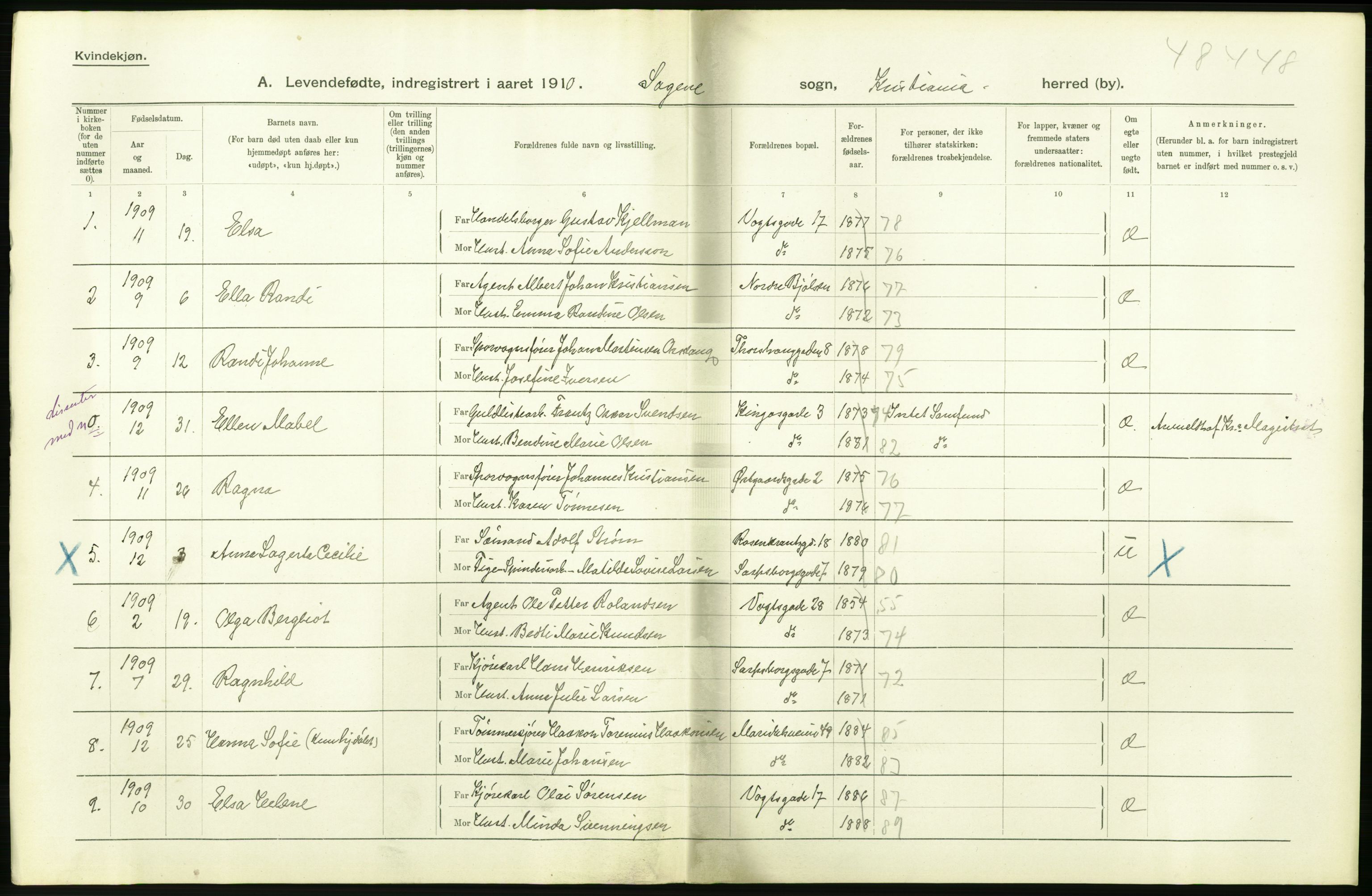 Statistisk sentralbyrå, Sosiodemografiske emner, Befolkning, RA/S-2228/D/Df/Dfa/Dfah/L0007: Kristiania: Levendefødte kvinner., 1910, s. 448