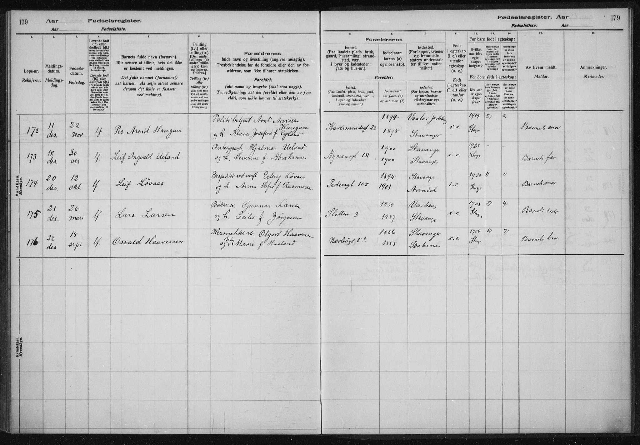 St. Johannes sokneprestkontor, AV/SAST-A-101814/002/A/L0002: Fødselsregister nr. 2, 1919-1924, s. 179