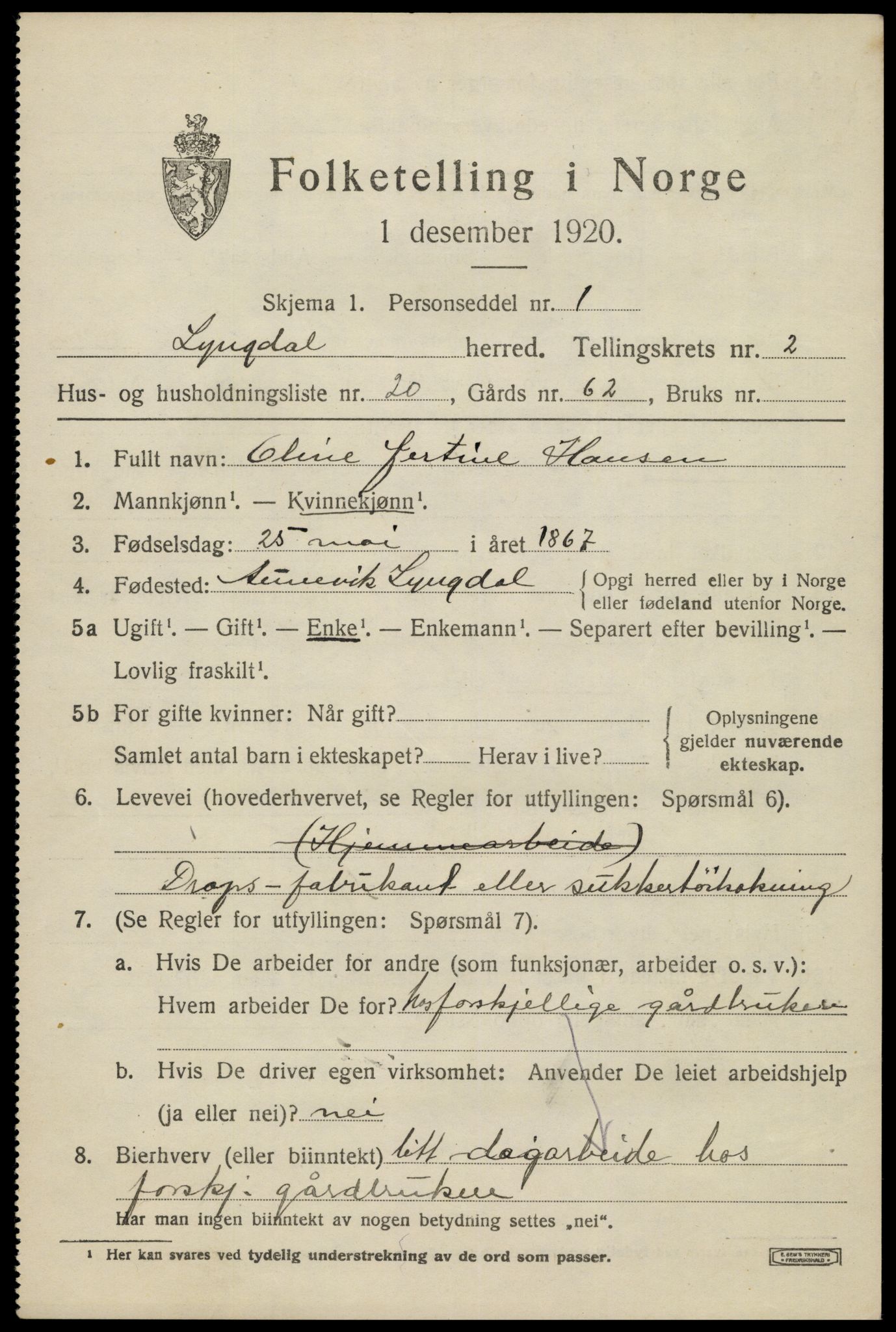 SAK, Folketelling 1920 for 1032 Lyngdal herred, 1920, s. 1739
