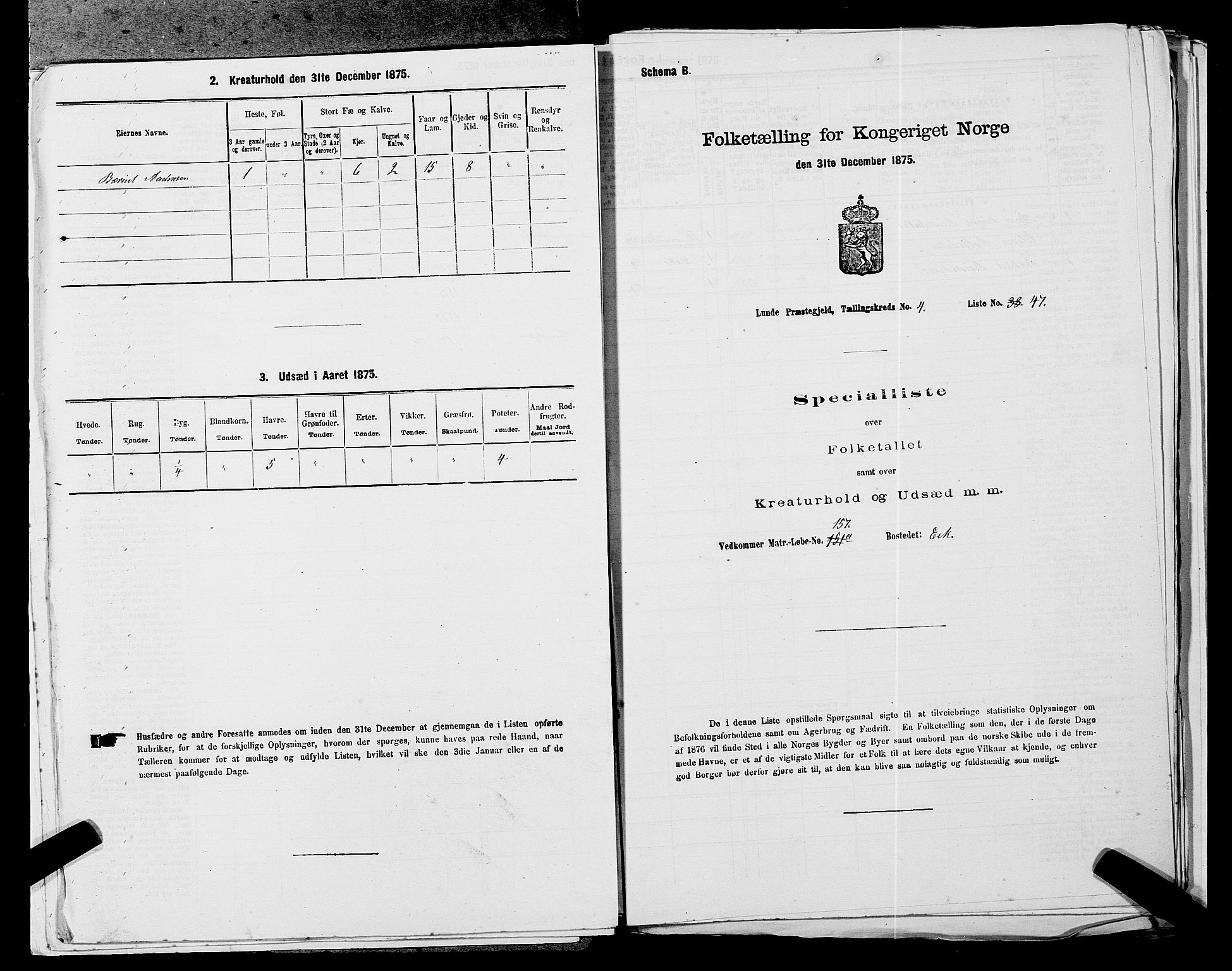 SAST, Folketelling 1875 for 1112P Lund prestegjeld, 1875, s. 426