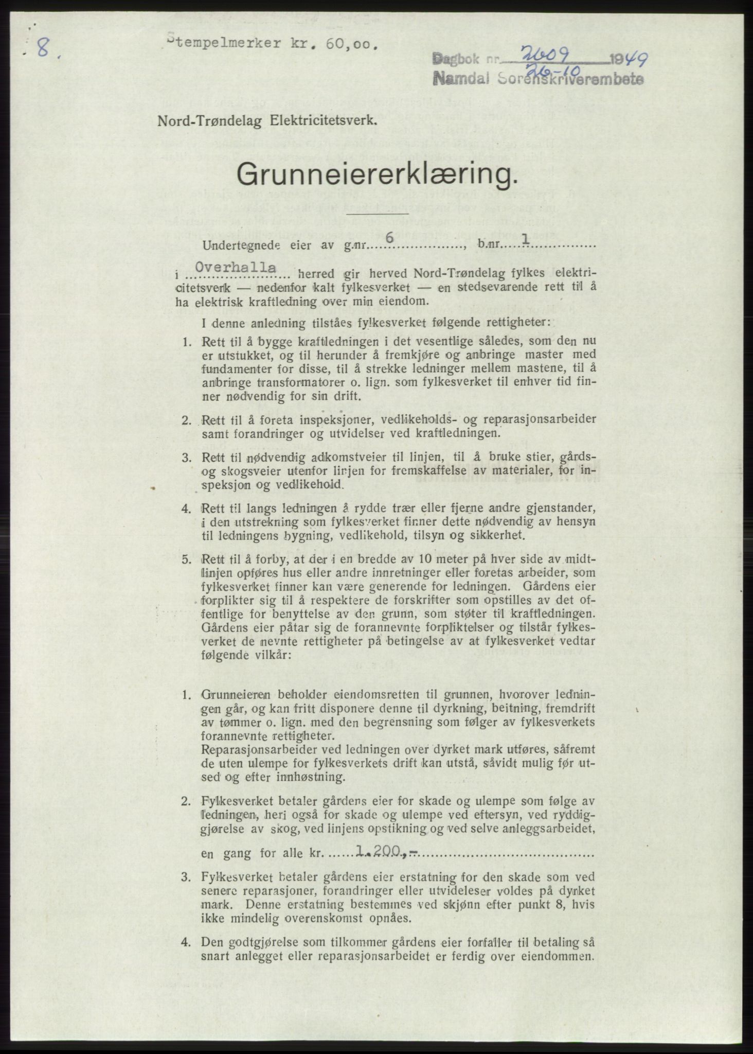 Namdal sorenskriveri, SAT/A-4133/1/2/2C: Pantebok nr. -, 1949-1949, Dagboknr: 2609/1949