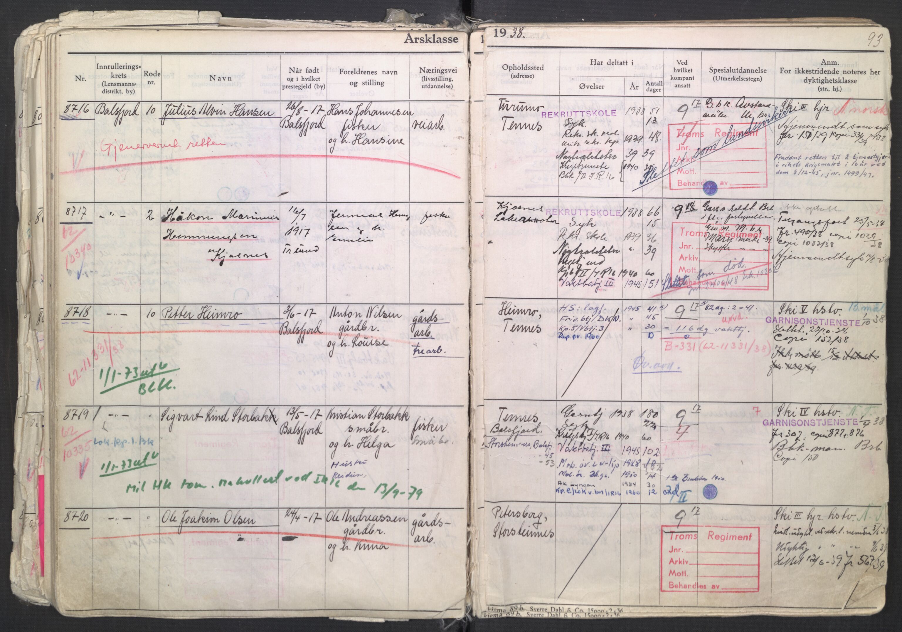 Forsvaret, Troms infanteriregiment nr. 16, AV/RA-RAFA-3146/P/Pa/L0007/0003: Ruller / Rulle for regimentets menige mannskaper, årsklasse 1938, 1938, s. 93