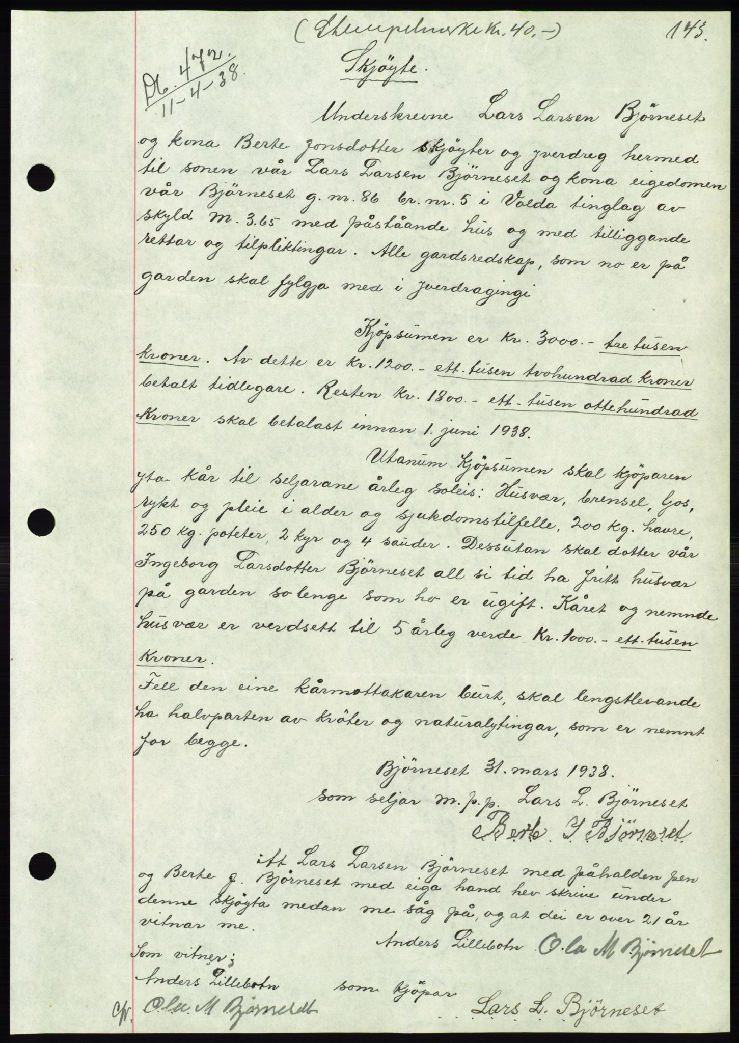 Søre Sunnmøre sorenskriveri, AV/SAT-A-4122/1/2/2C/L0065: Pantebok nr. 59, 1938-1938, Dagboknr: 472/1938