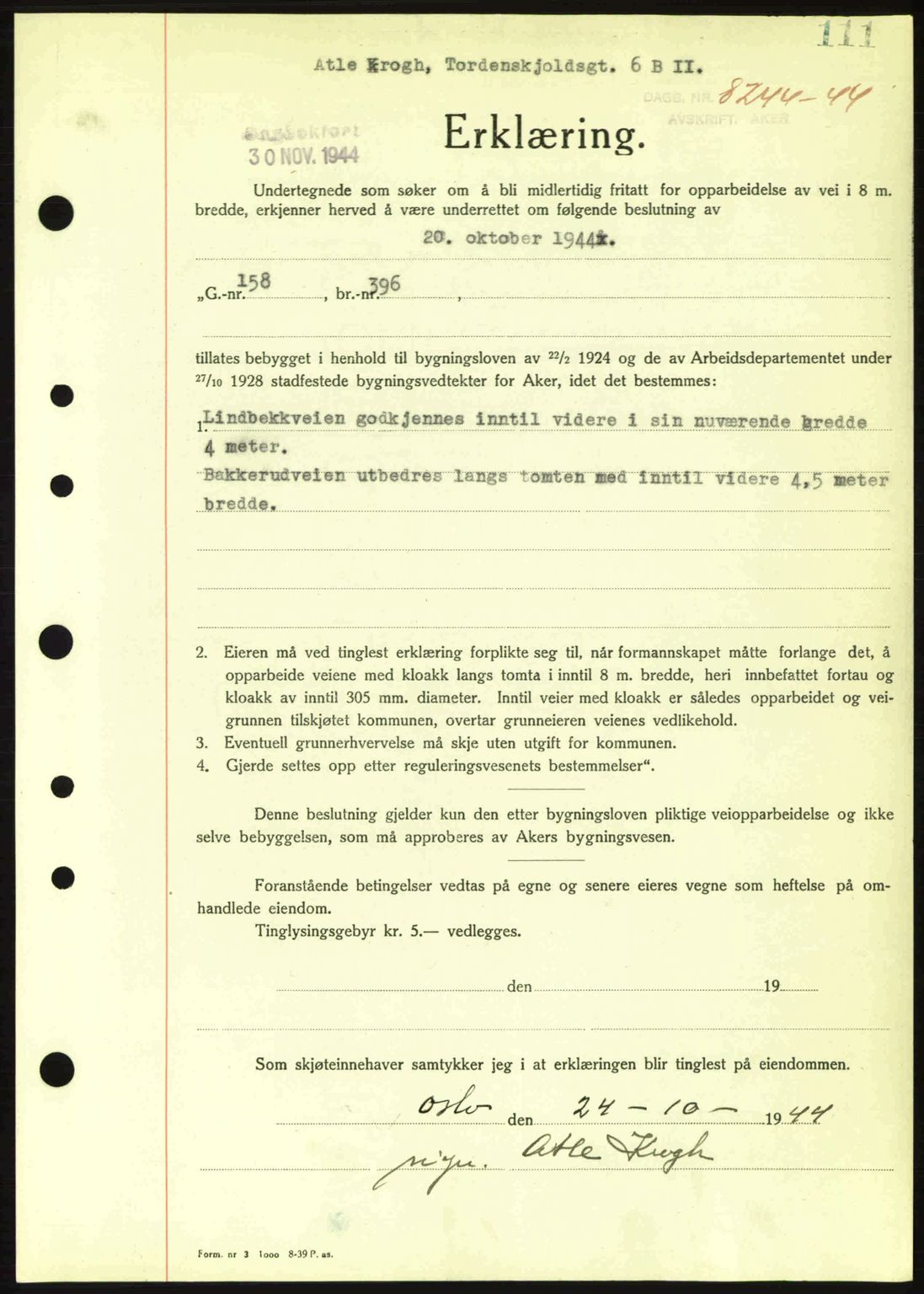 Aker herredsskriveri, SAO/A-10896/G/Gb/Gba/Gbac/L0035: Pantebok nr. B200-201, 1944-1944, Dagboknr: 8244/1944