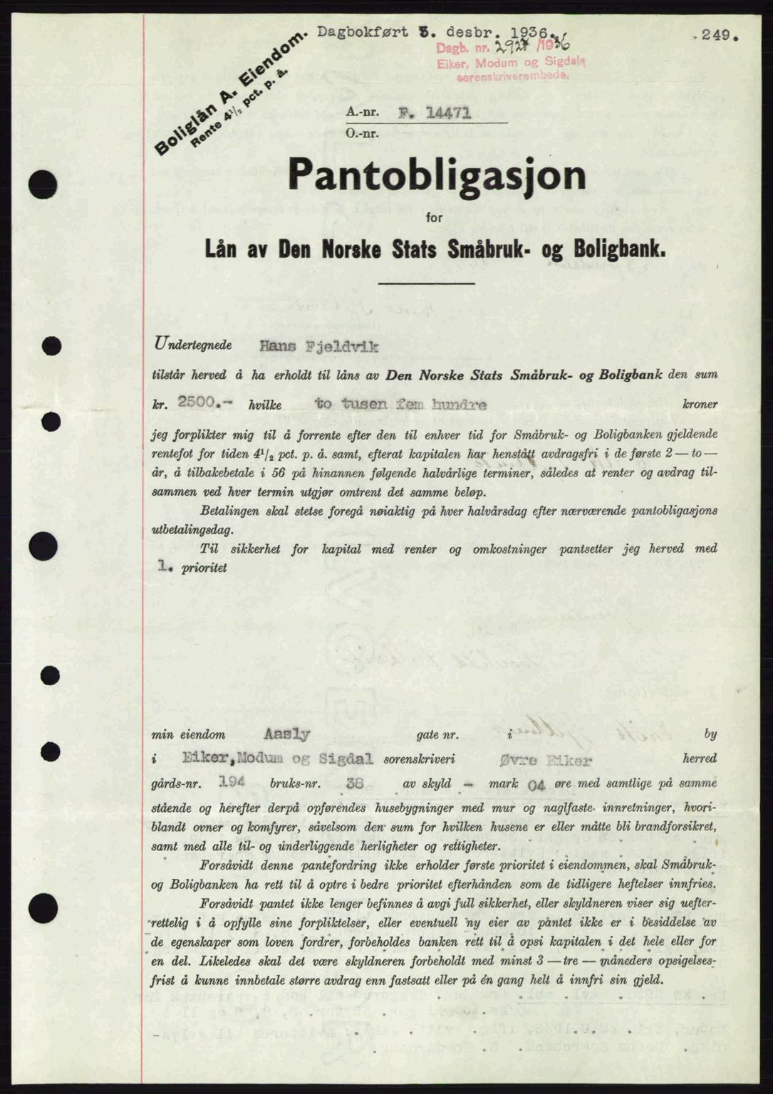 Eiker, Modum og Sigdal sorenskriveri, SAKO/A-123/G/Ga/Gab/L0034: Pantebok nr. A4, 1936-1937, Dagboknr: 2927/1936