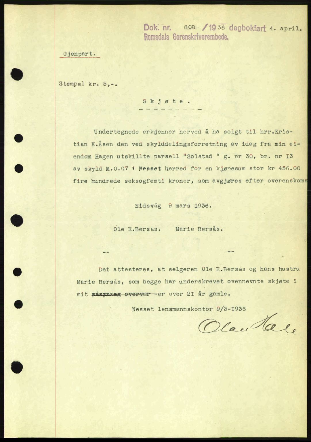 Romsdal sorenskriveri, SAT/A-4149/1/2/2C: Pantebok nr. A1, 1936-1936, Dagboknr: 808/1936