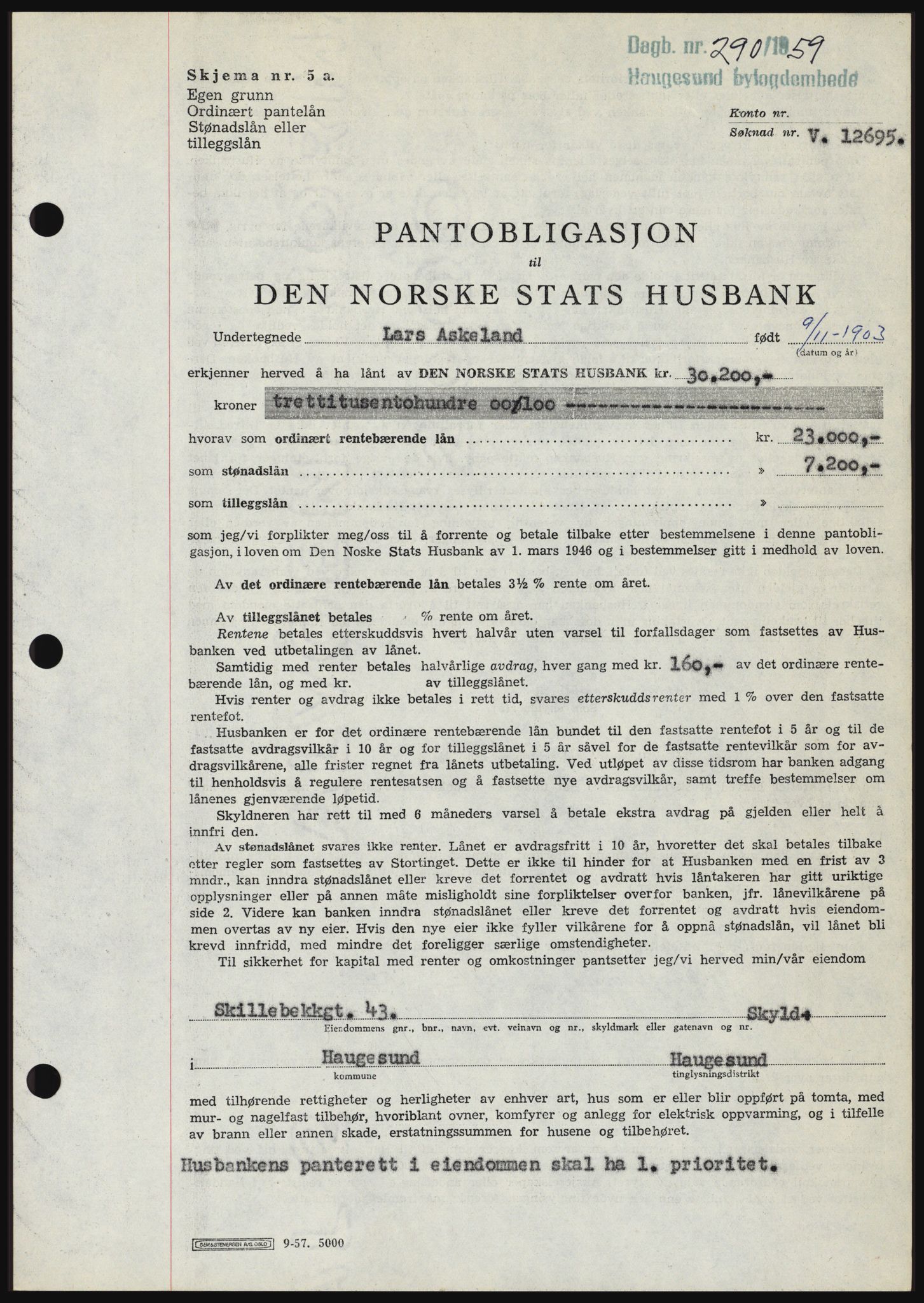 Haugesund tingrett, SAST/A-101415/01/II/IIC/L0045: Pantebok nr. B 45, 1959-1959, Dagboknr: 290/1959