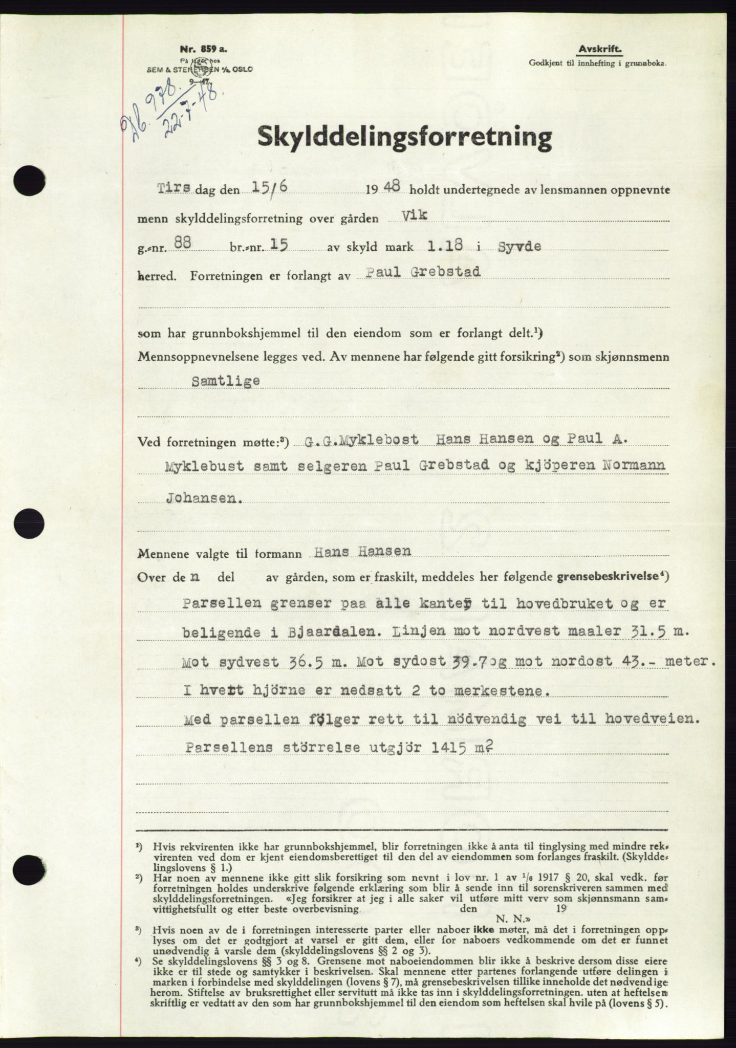 Søre Sunnmøre sorenskriveri, SAT/A-4122/1/2/2C/L0082: Pantebok nr. 8A, 1948-1948, Dagboknr: 978/1948