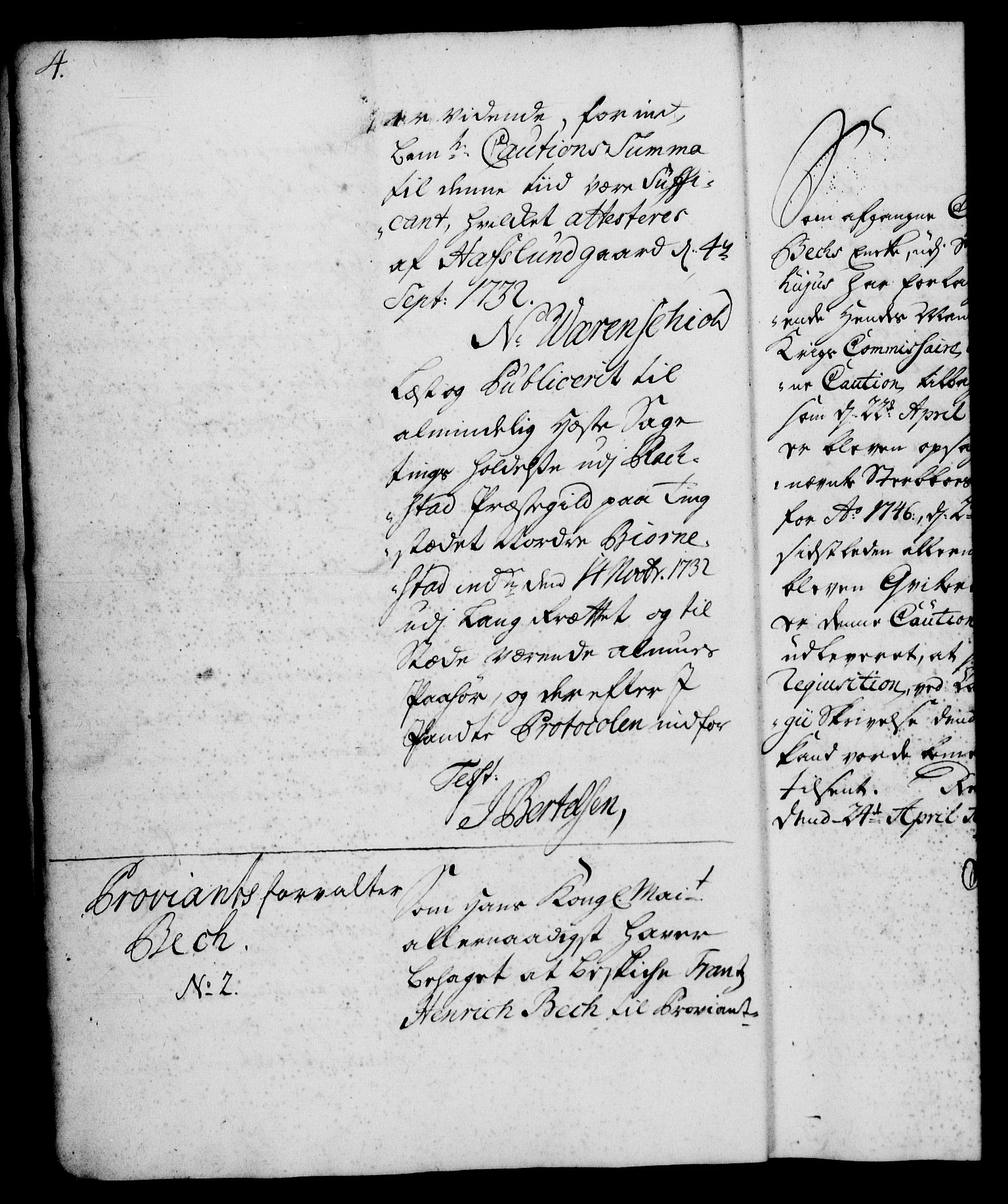 Rentekammeret, Kammerkanselliet, RA/EA-3111/G/Gh/Ghd/L0003: Kausjonsprotokoll med register (merket RK 53.41), 1732-1744, s. 4