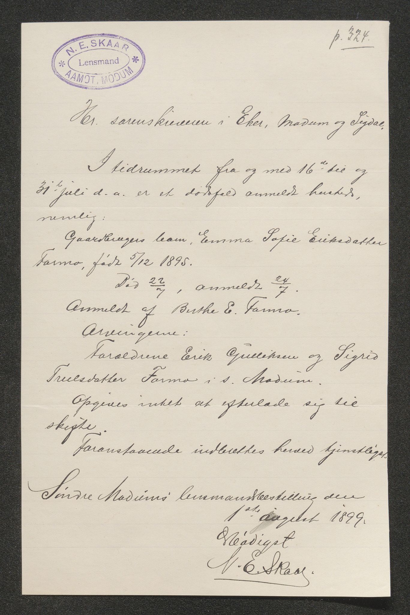 Eiker, Modum og Sigdal sorenskriveri, AV/SAKO-A-123/H/Ha/Hab/L0026: Dødsfallsmeldinger, 1899, s. 287