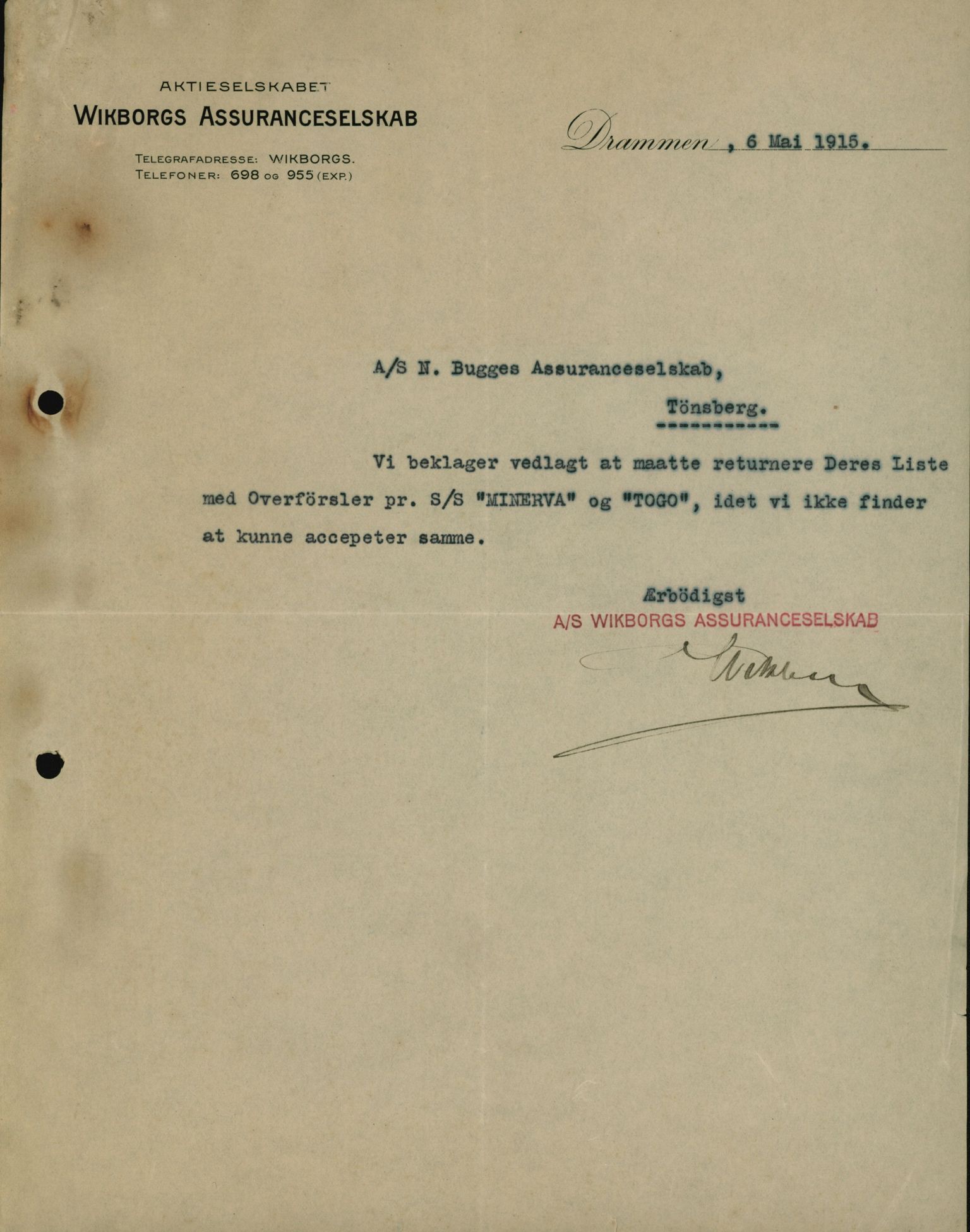 Pa 664 - Tønsberg Sjøforsikringsselskap, VEMU/A-1773/D/Da/L0001: Mai - November
Oscar Aalborg, 1915