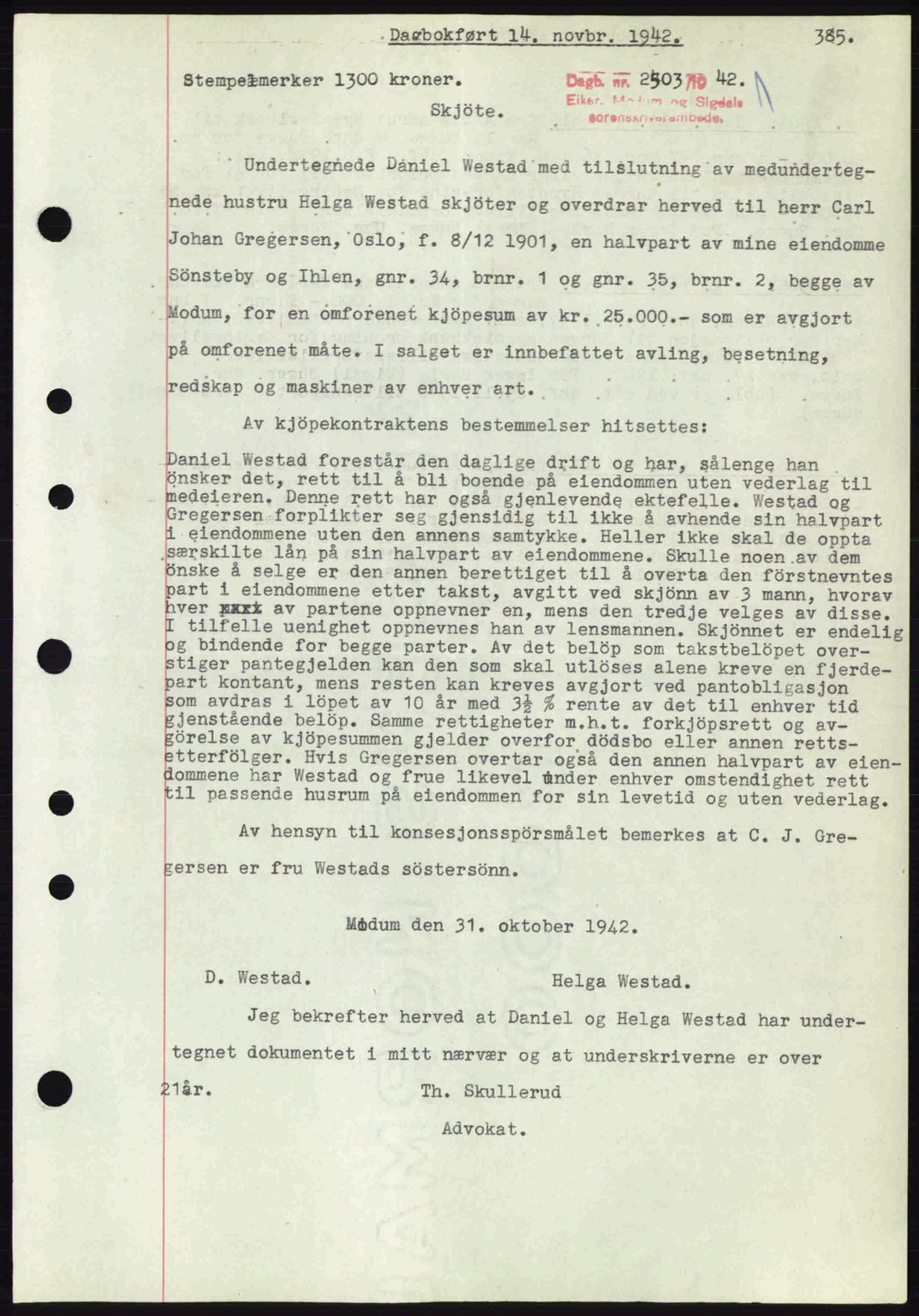 Eiker, Modum og Sigdal sorenskriveri, SAKO/A-123/G/Ga/Gab/L0047: Pantebok nr. A17, 1942-1943, Dagboknr: 2503/1942