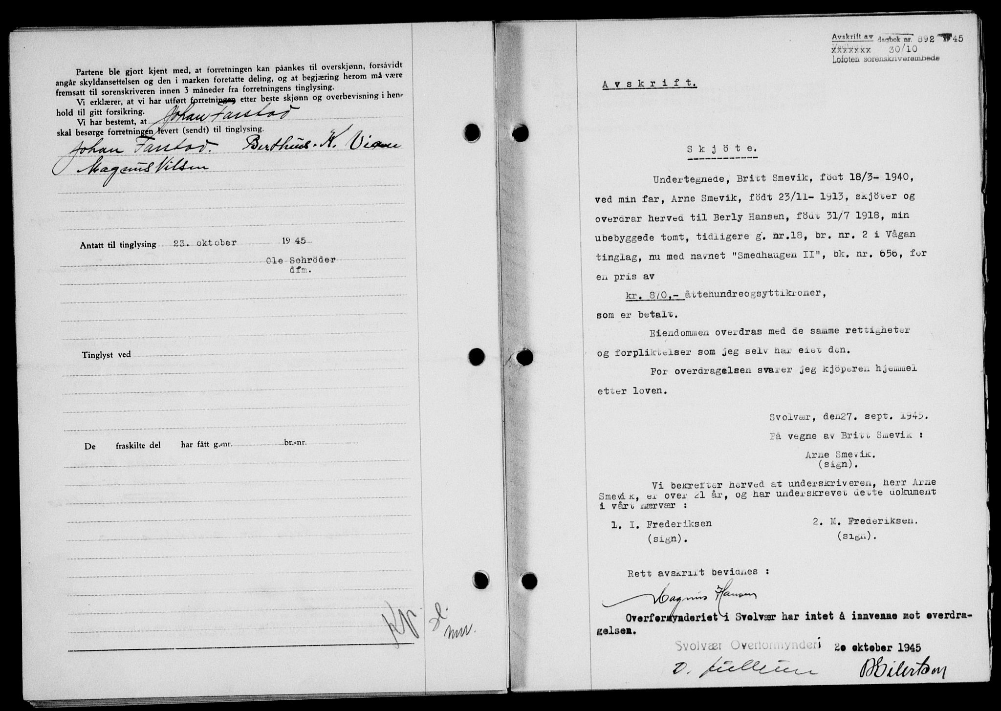 Lofoten sorenskriveri, SAT/A-0017/1/2/2C/L0013a: Pantebok nr. 13a, 1944-1946, Dagboknr: 892/1945