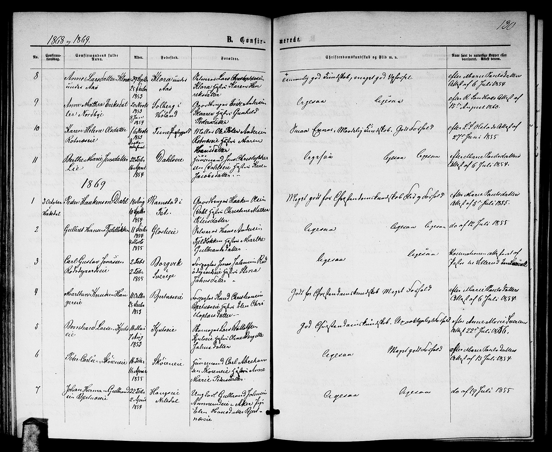 Nittedal prestekontor Kirkebøker, AV/SAO-A-10365a/G/Ga/L0001: Klokkerbok nr. I 1, 1859-1878, s. 130
