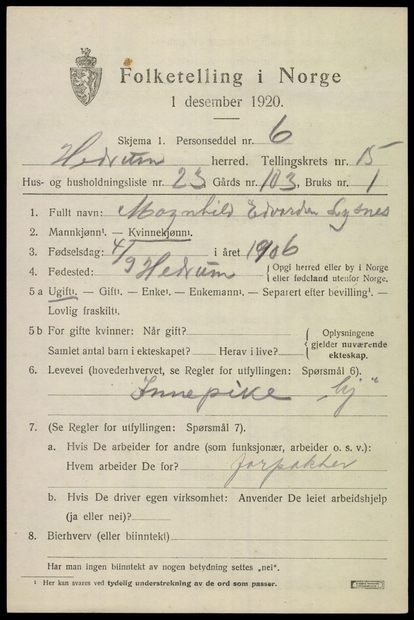 SAKO, Folketelling 1920 for 0727 Hedrum herred, 1920, s. 10209
