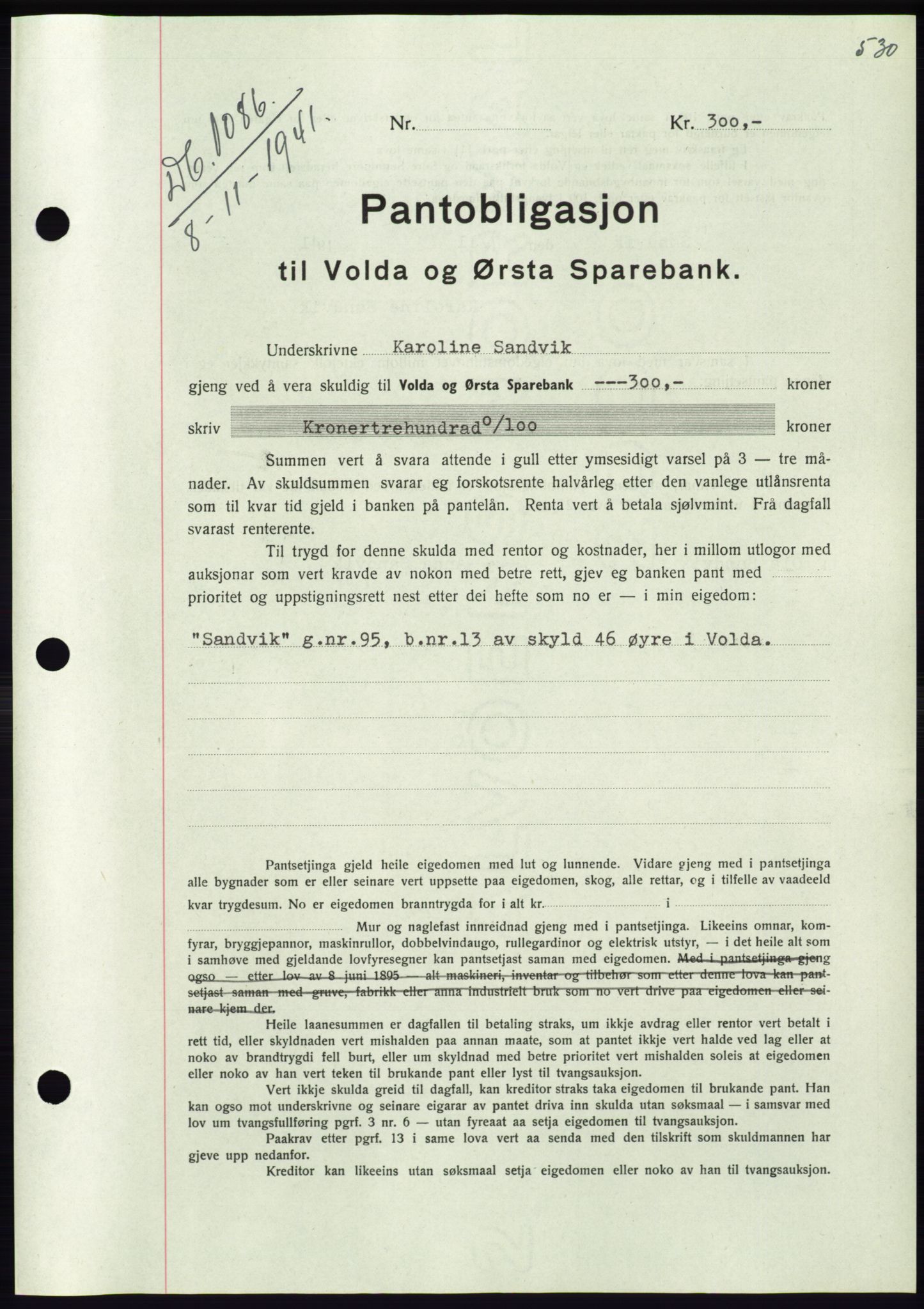 Søre Sunnmøre sorenskriveri, AV/SAT-A-4122/1/2/2C/L0071: Pantebok nr. 65, 1941-1941, Dagboknr: 1086/1941