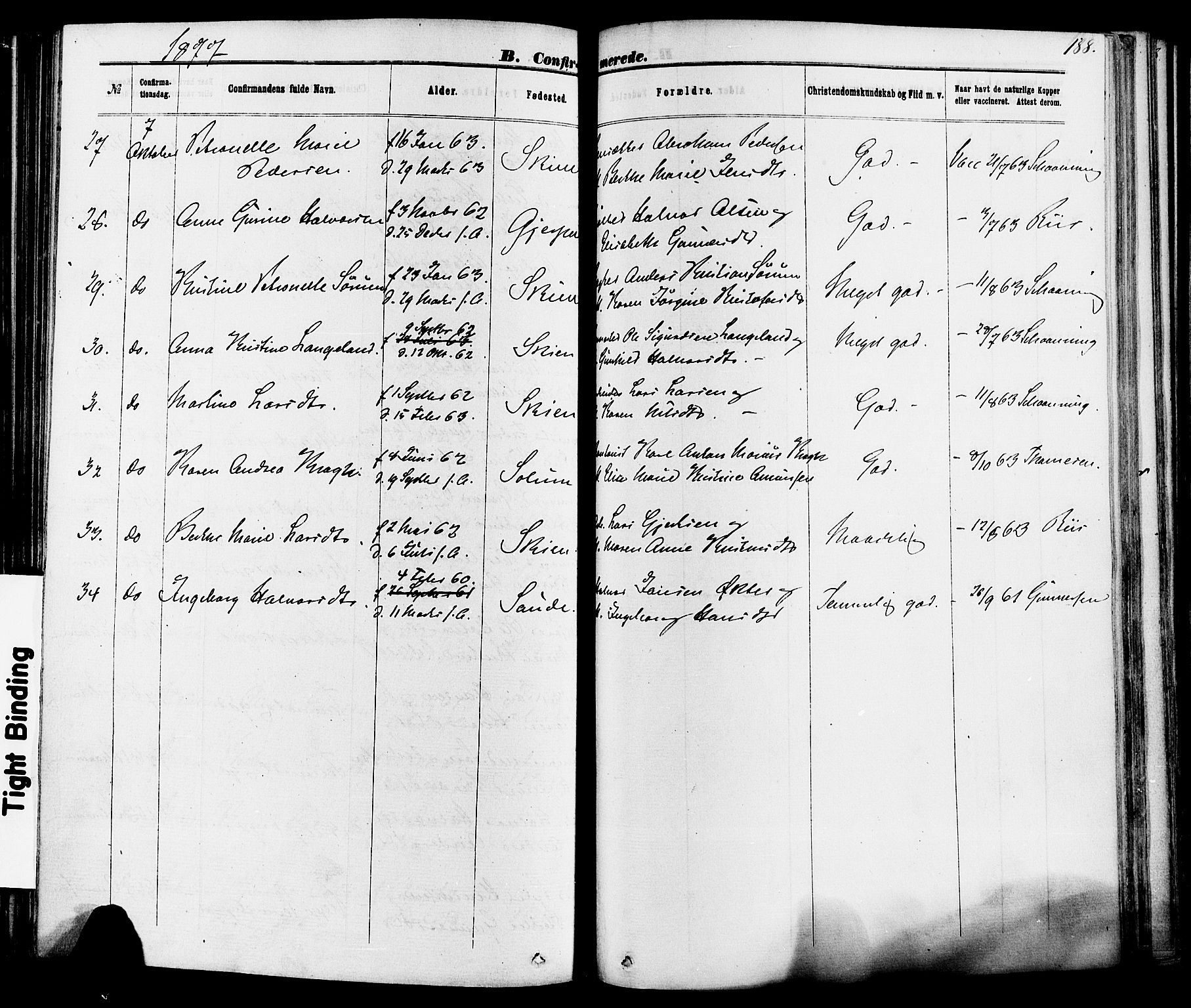 Skien kirkebøker, AV/SAKO-A-302/F/Fa/L0008: Ministerialbok nr. 8, 1866-1877, s. 188