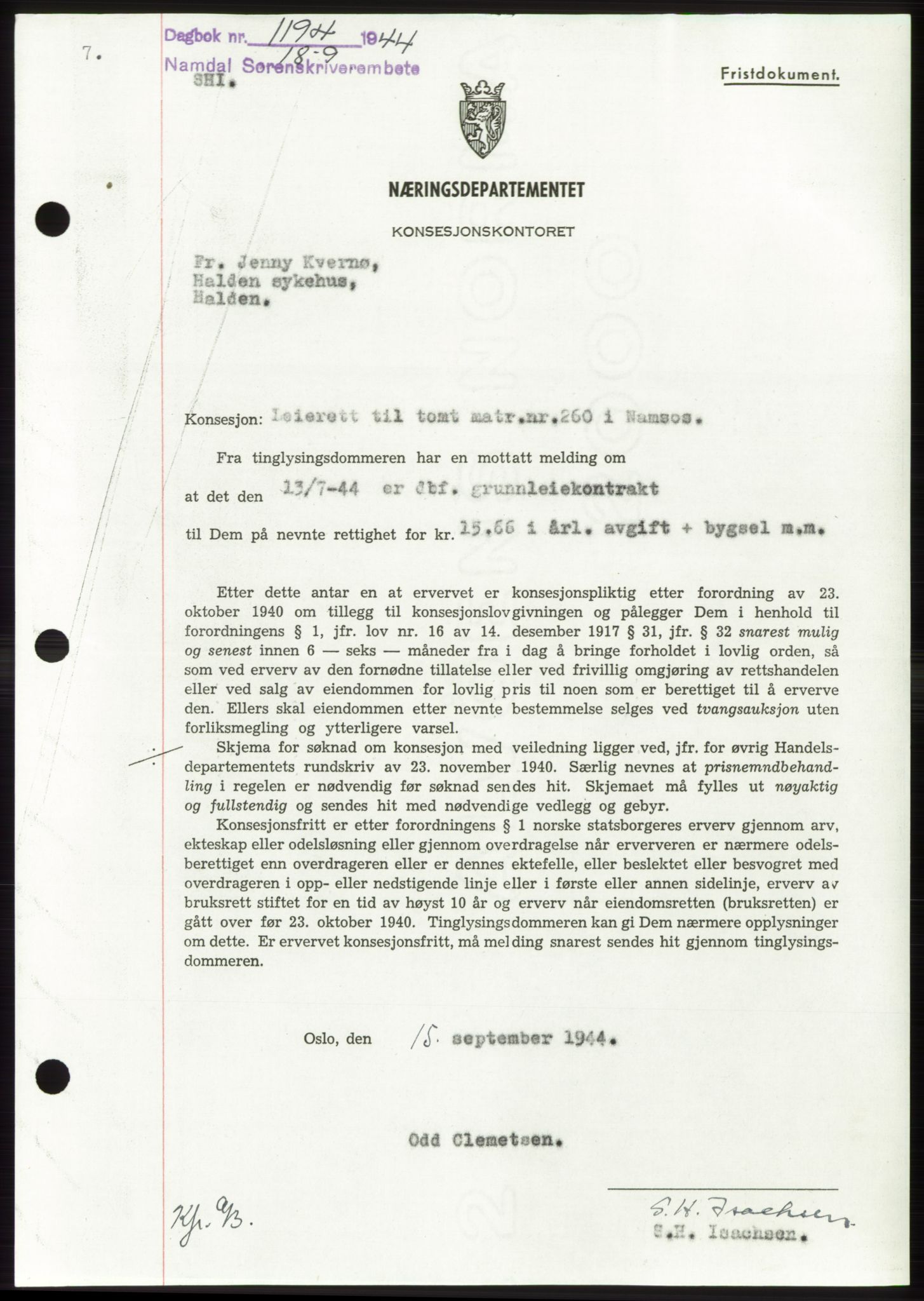 Namdal sorenskriveri, SAT/A-4133/1/2/2C: Pantebok nr. -, 1944-1945, Dagboknr: 1194/1944