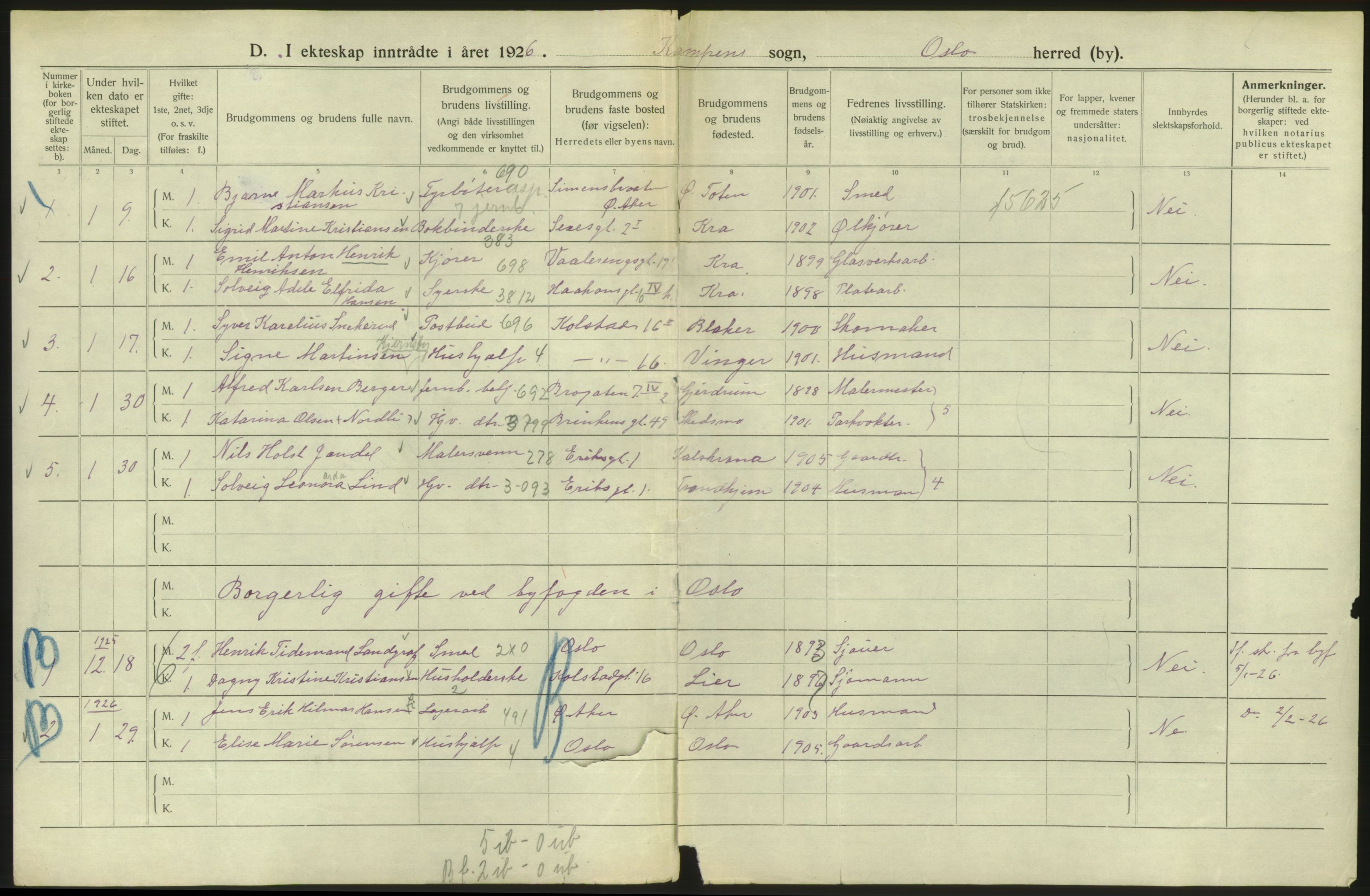 Statistisk sentralbyrå, Sosiodemografiske emner, Befolkning, AV/RA-S-2228/D/Df/Dfc/Dfcf/L0008: Oslo: Gifte, 1926, s. 612
