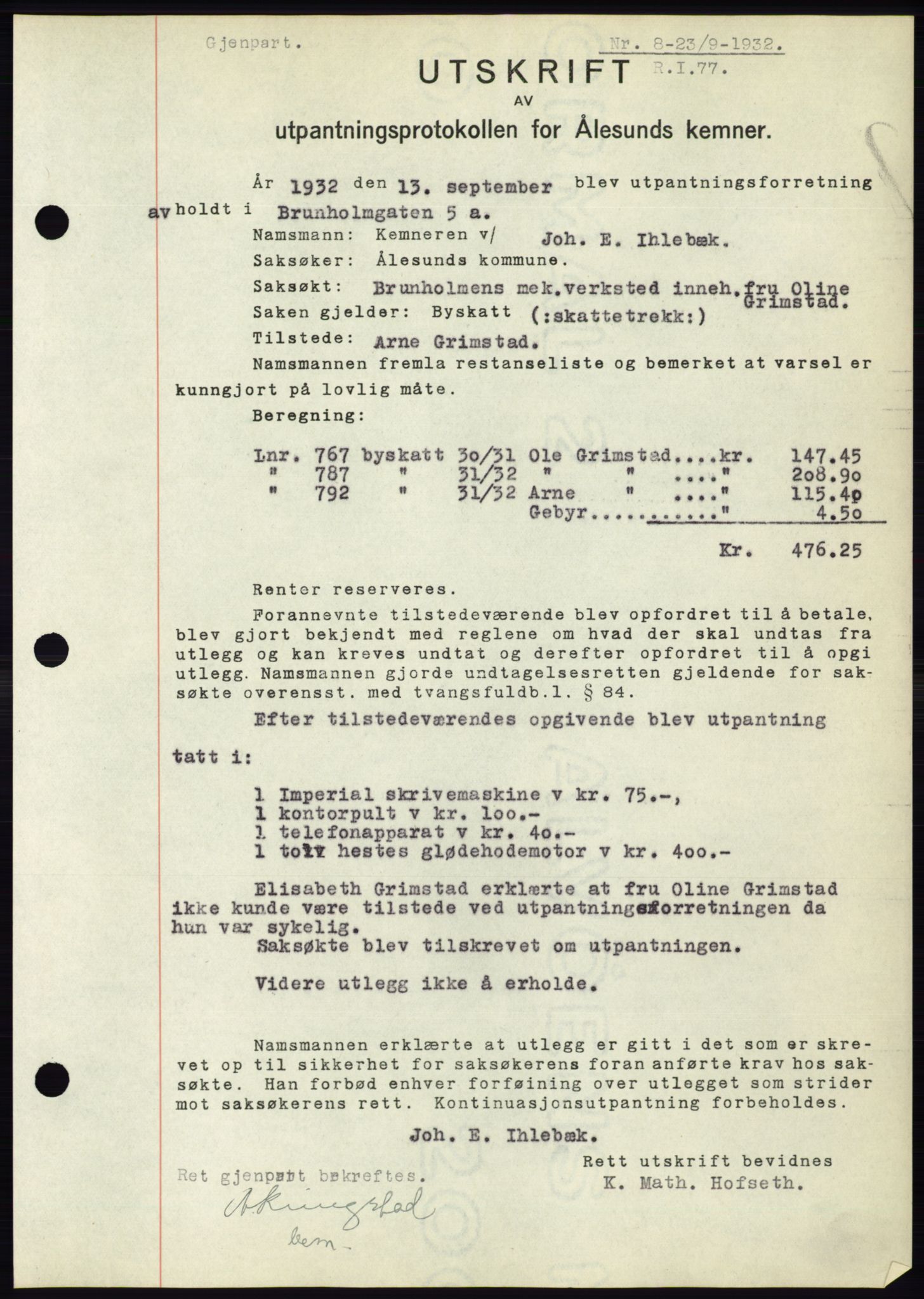 Ålesund byfogd, AV/SAT-A-4384: Pantebok nr. 30, 1932-1933, Tingl.dato: 23.09.1932