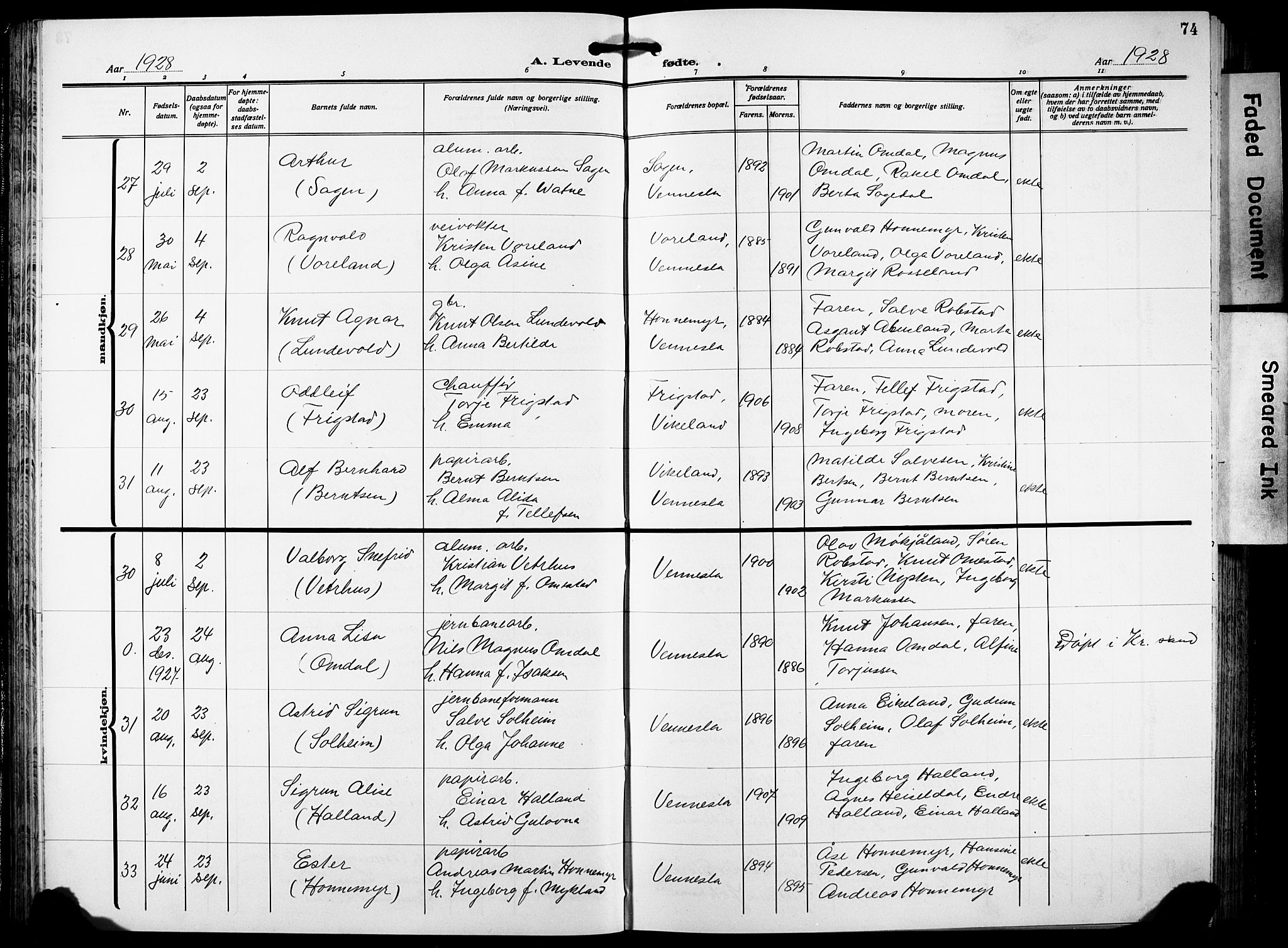 Vennesla sokneprestkontor, AV/SAK-1111-0045/Fb/Fbb/L0007: Klokkerbok nr. B 7, 1922-1933, s. 74