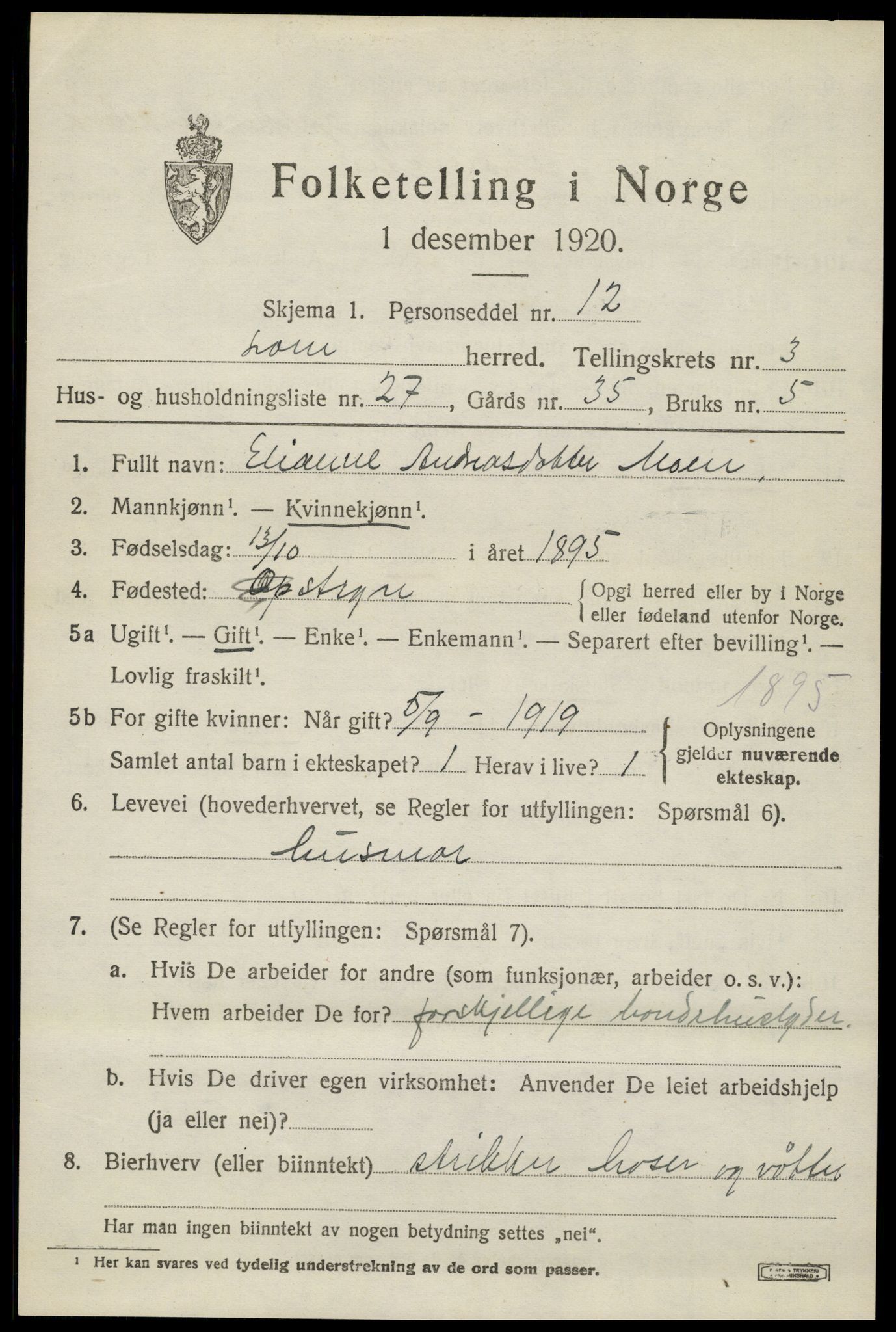 SAH, Folketelling 1920 for 0514 Lom herred, 1920, s. 2312