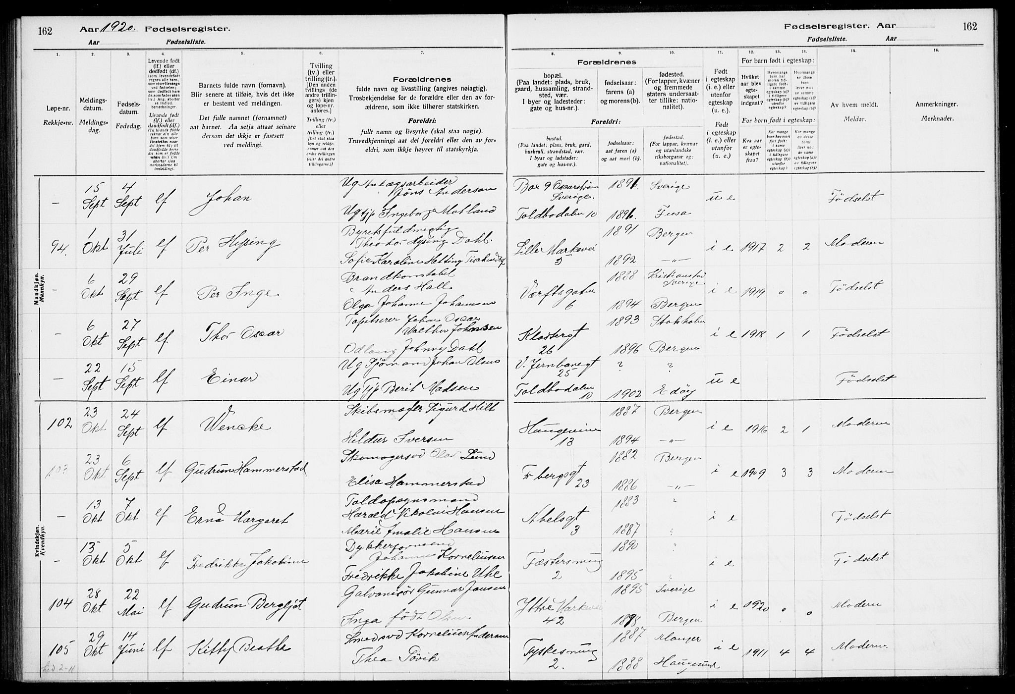 Nykirken Sokneprestembete, SAB/A-77101/I/Id/L00A1: Fødselsregister nr. A 1, 1916-1922, s. 162