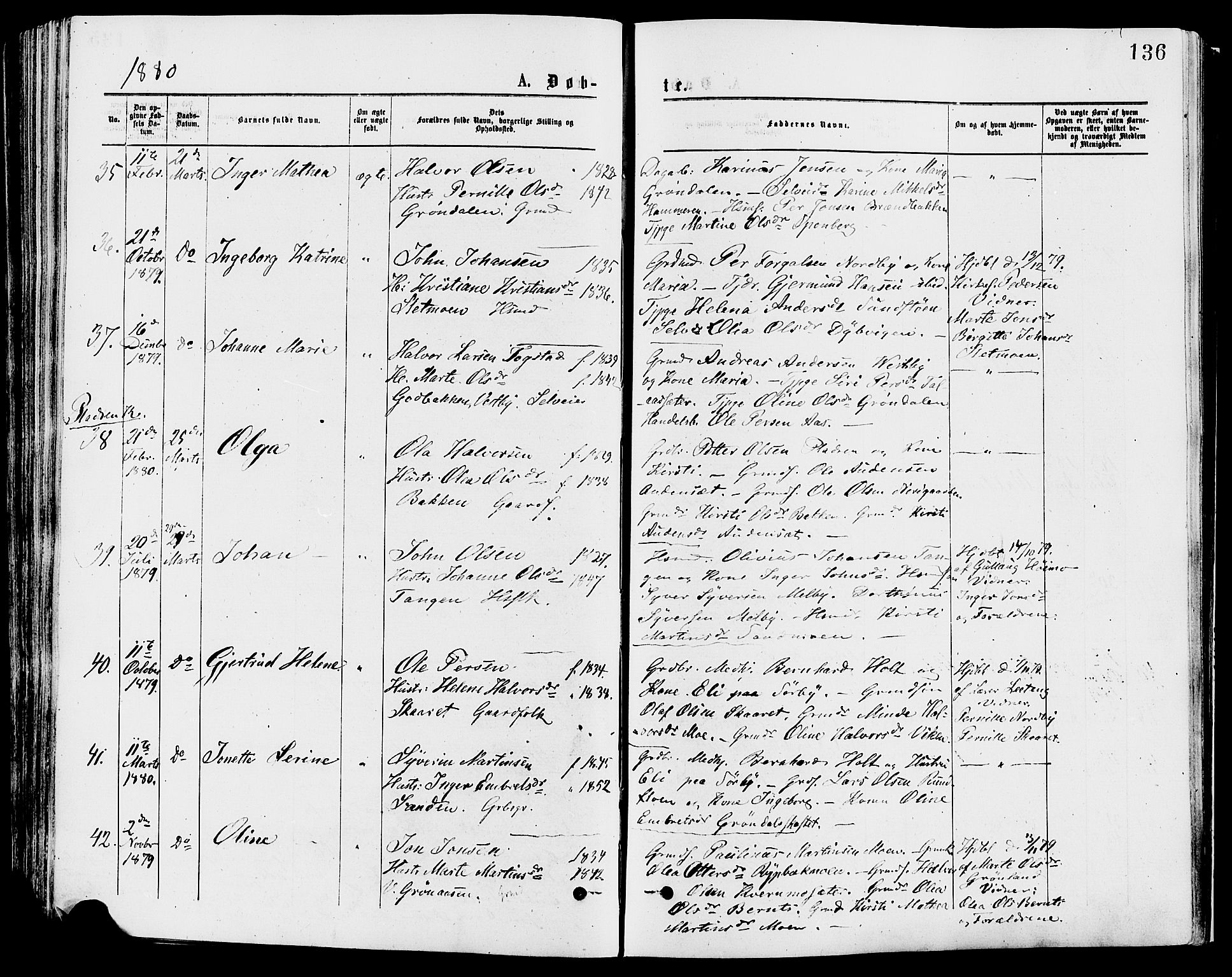 Trysil prestekontor, AV/SAH-PREST-046/H/Ha/Haa/L0007: Ministerialbok nr. 7, 1874-1880, s. 136