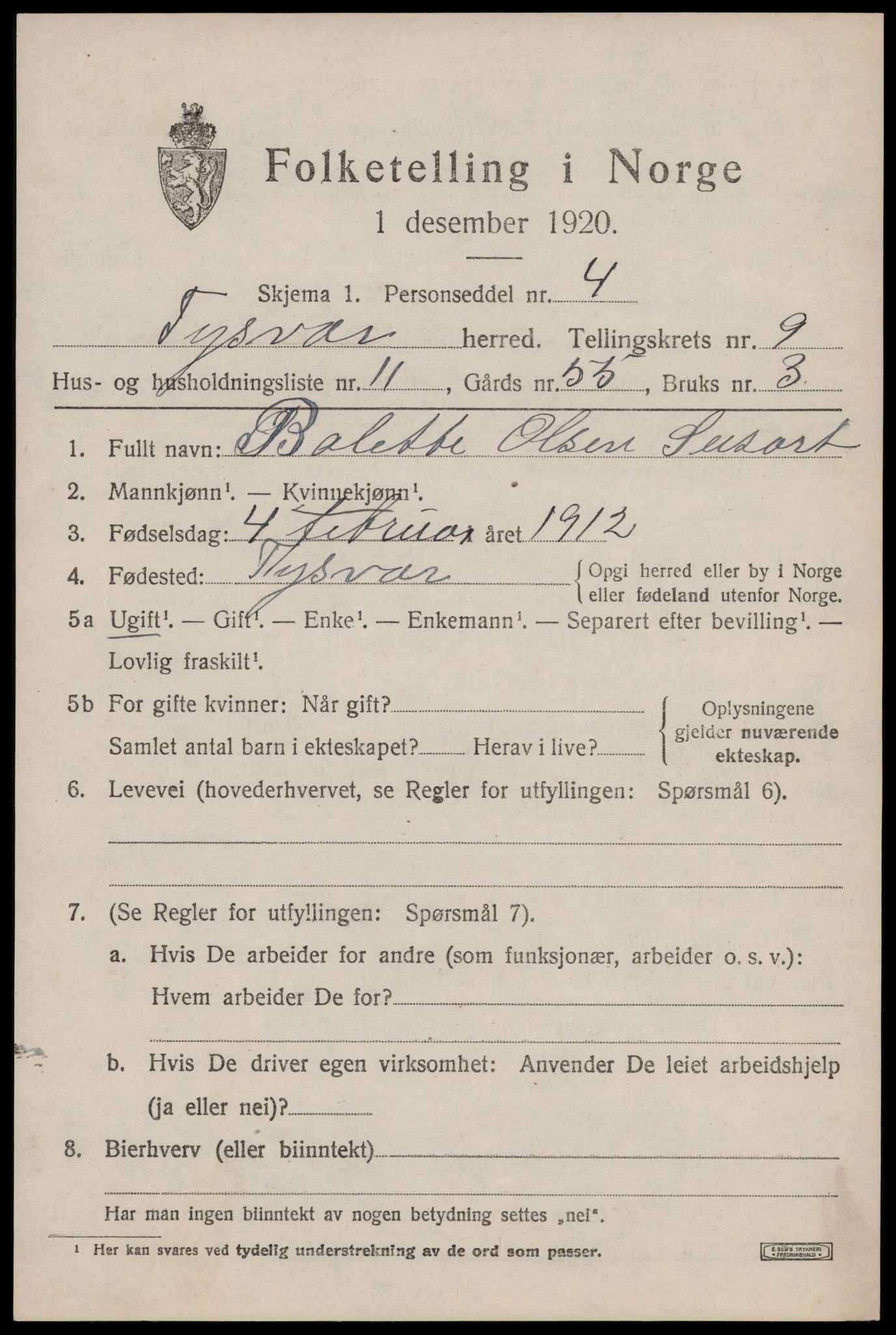 SAST, Folketelling 1920 for 1146 Tysvær herred, 1920, s. 3736