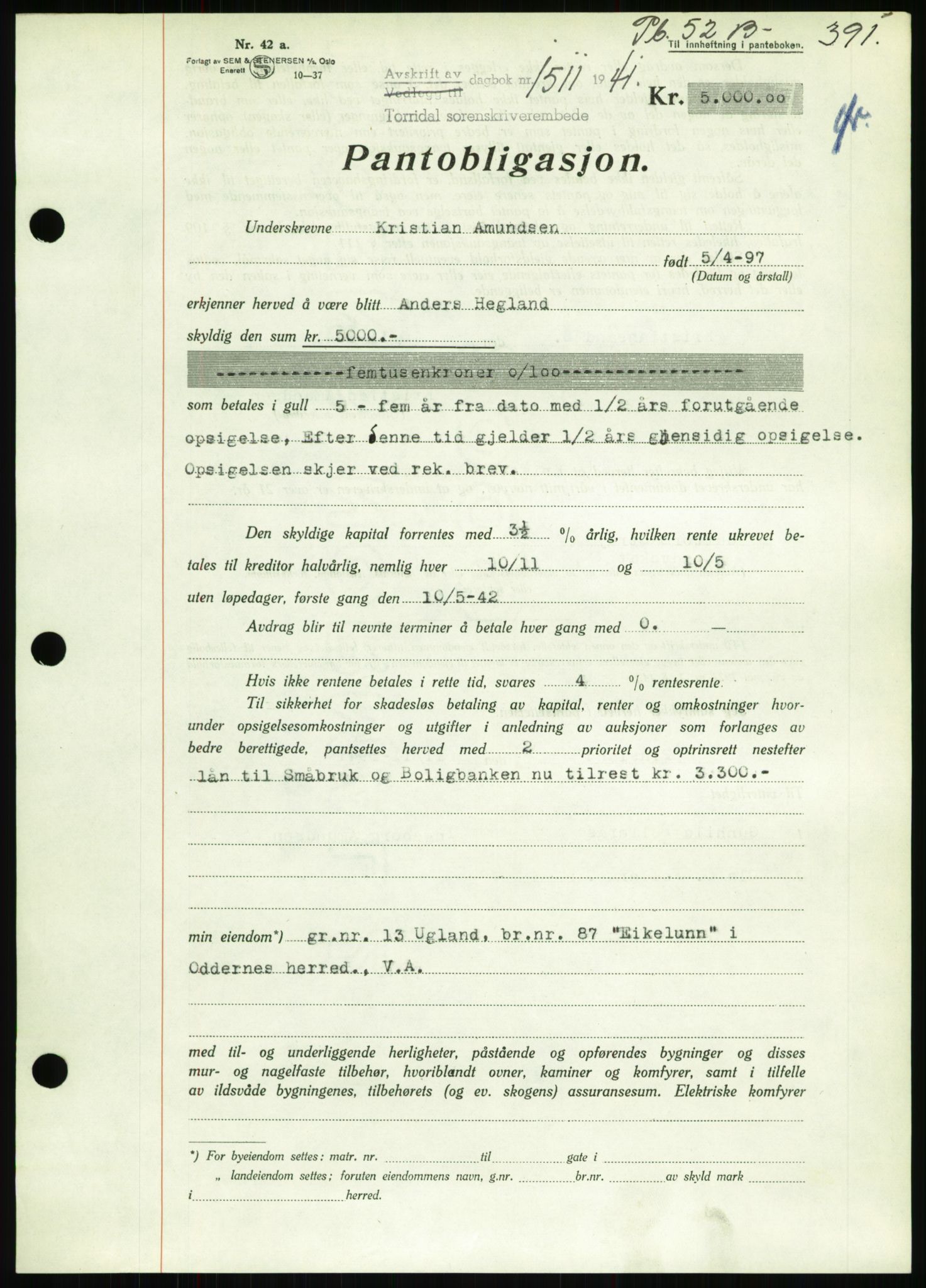 Torridal sorenskriveri, SAK/1221-0012/G/Gb/Gbb/L0008: Pantebok nr. 52b, 1940-1942, Dagboknr: 1511/1941